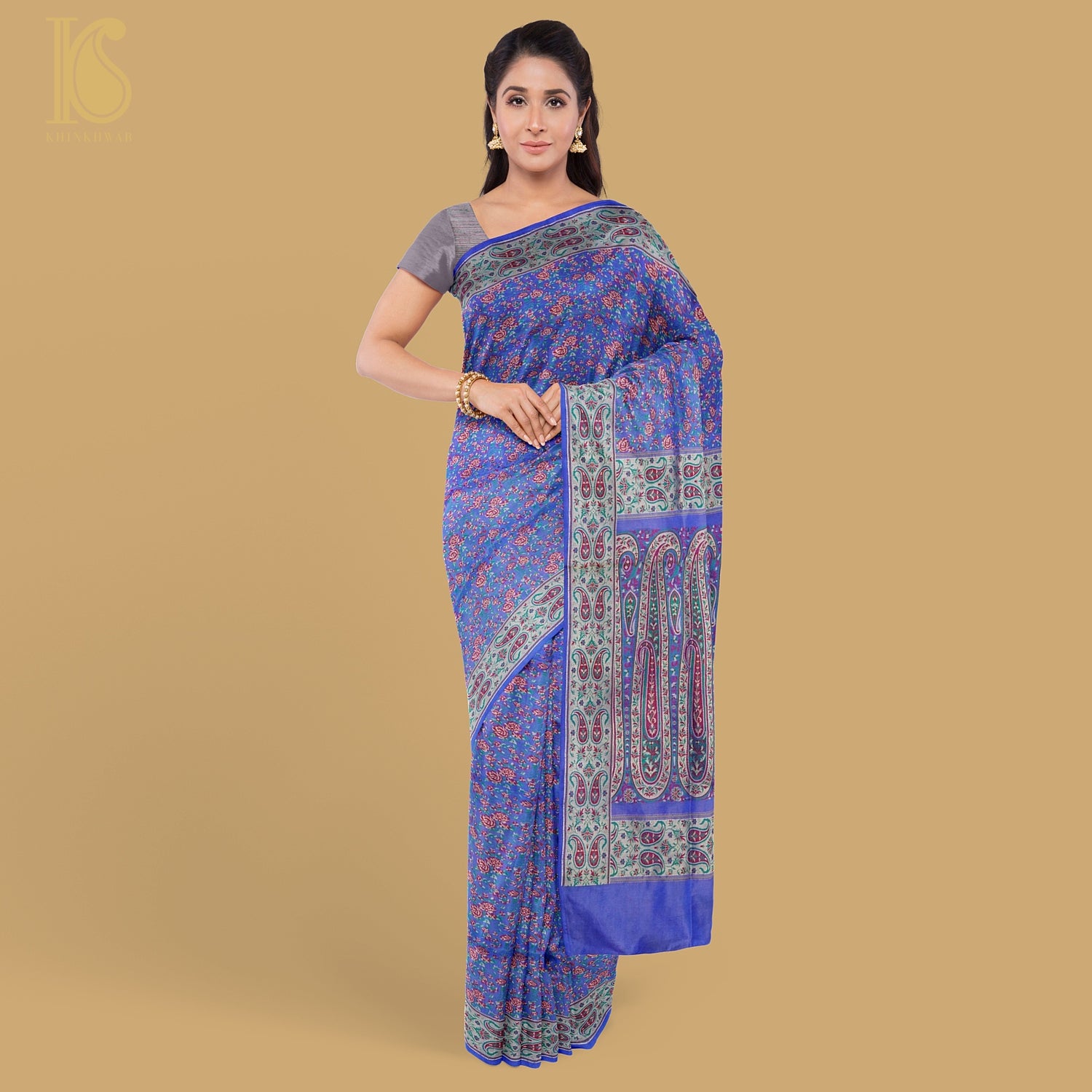 Blue Pure Katan Silk Handloom Banarasi Jamawar Tanchoi Saree - Khinkhwab