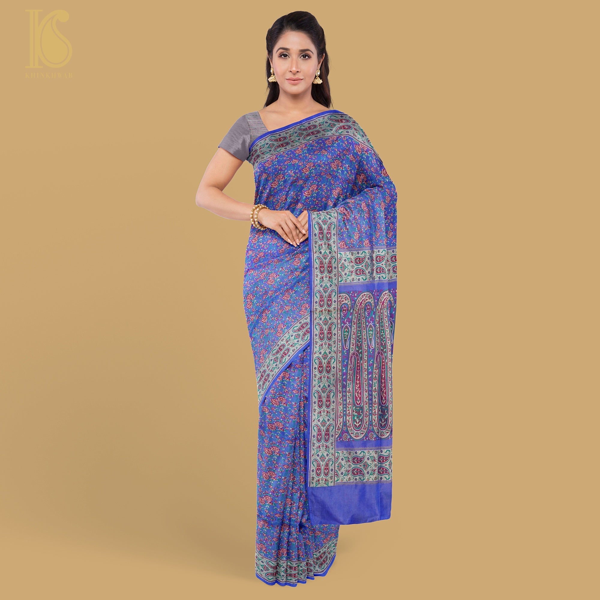Blue Pure Katan Silk Handloom Banarasi Jamawar Tanchoi Saree - Khinkhwab