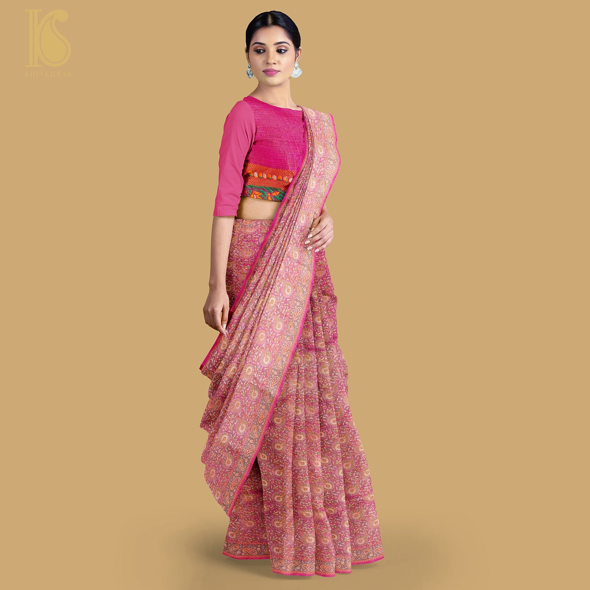 Cerise Pink Pure Katan Silk Handloom Banarasi Jamawar Tanchoi Saree - Khinkhwab