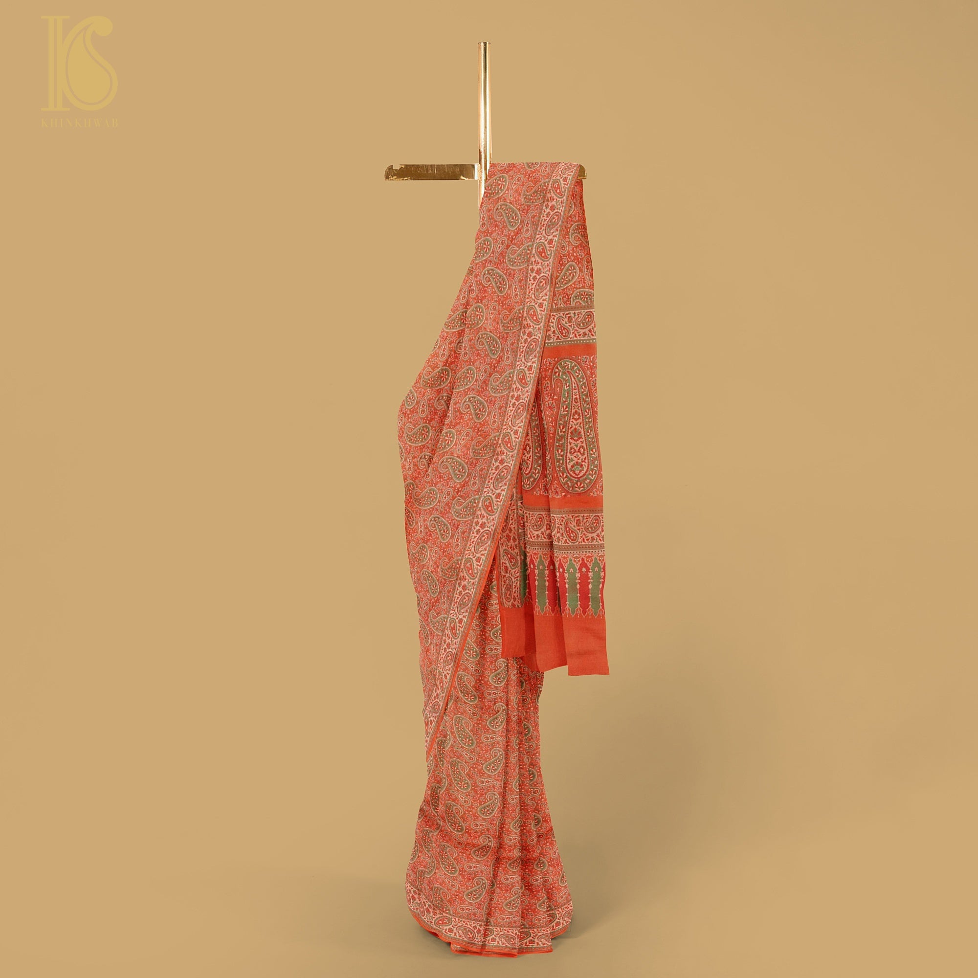 Cinnabar Orange Pure Katan Silk Handloom Banarasi Jamawar Tanchoi Saree - Khinkhwab
