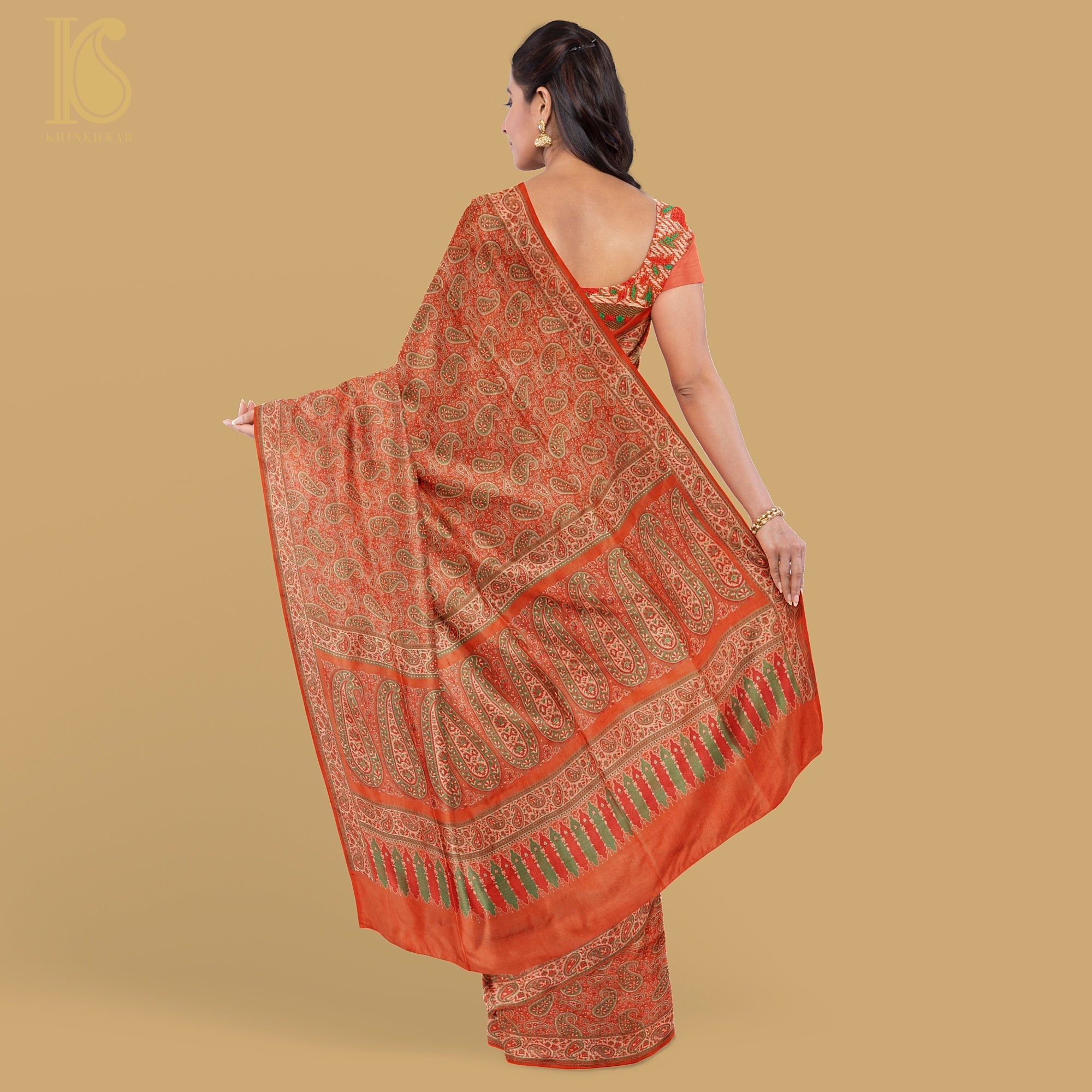 Cinnabar Orange Pure Katan Silk Handloom Banarasi Jamawar Tanchoi Saree - Khinkhwab