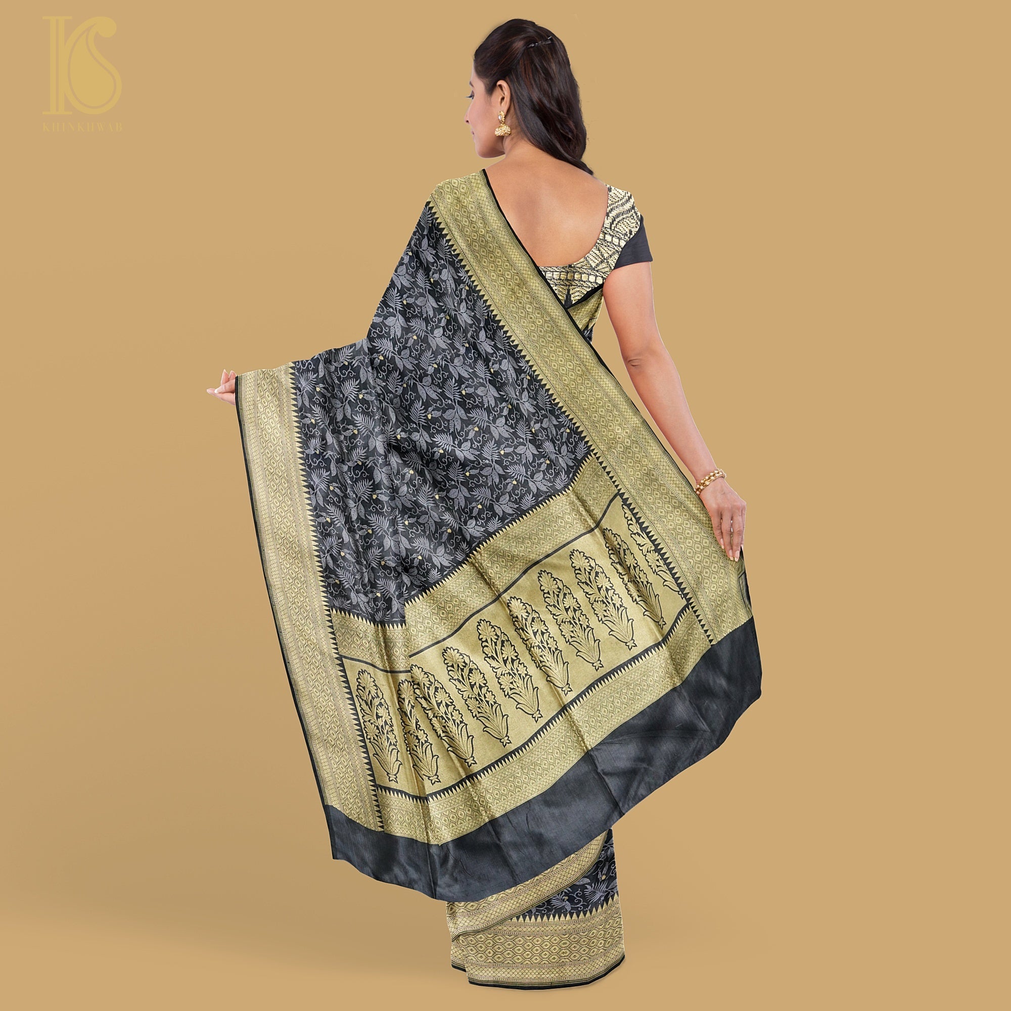 Black Pure Katan Silk Handloom Banarasi Tanchoi Saree - Khinkhwab