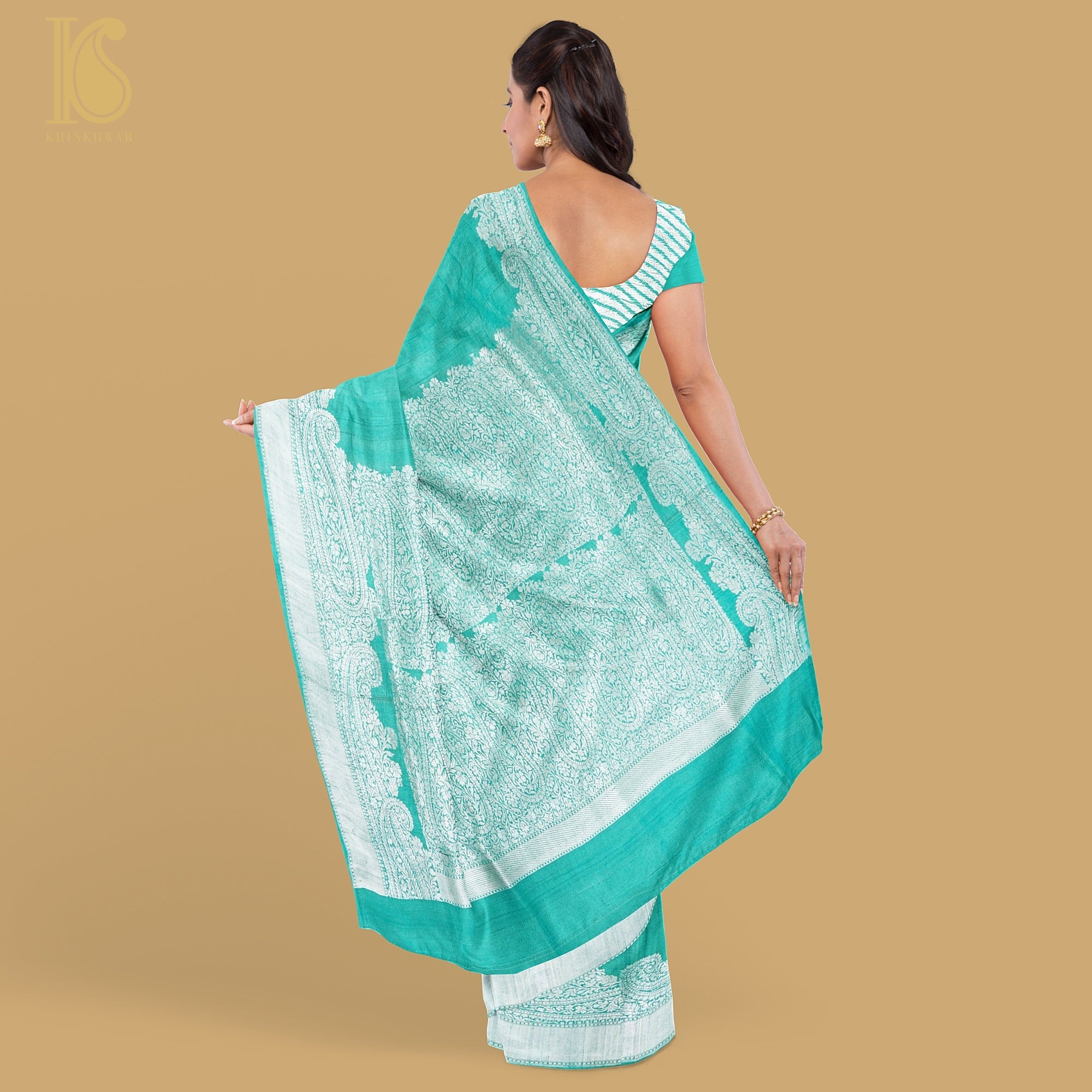 Turquoise Pure Tussar by Georgette Silk Handloom Banarasi Saree - Khinkhwab