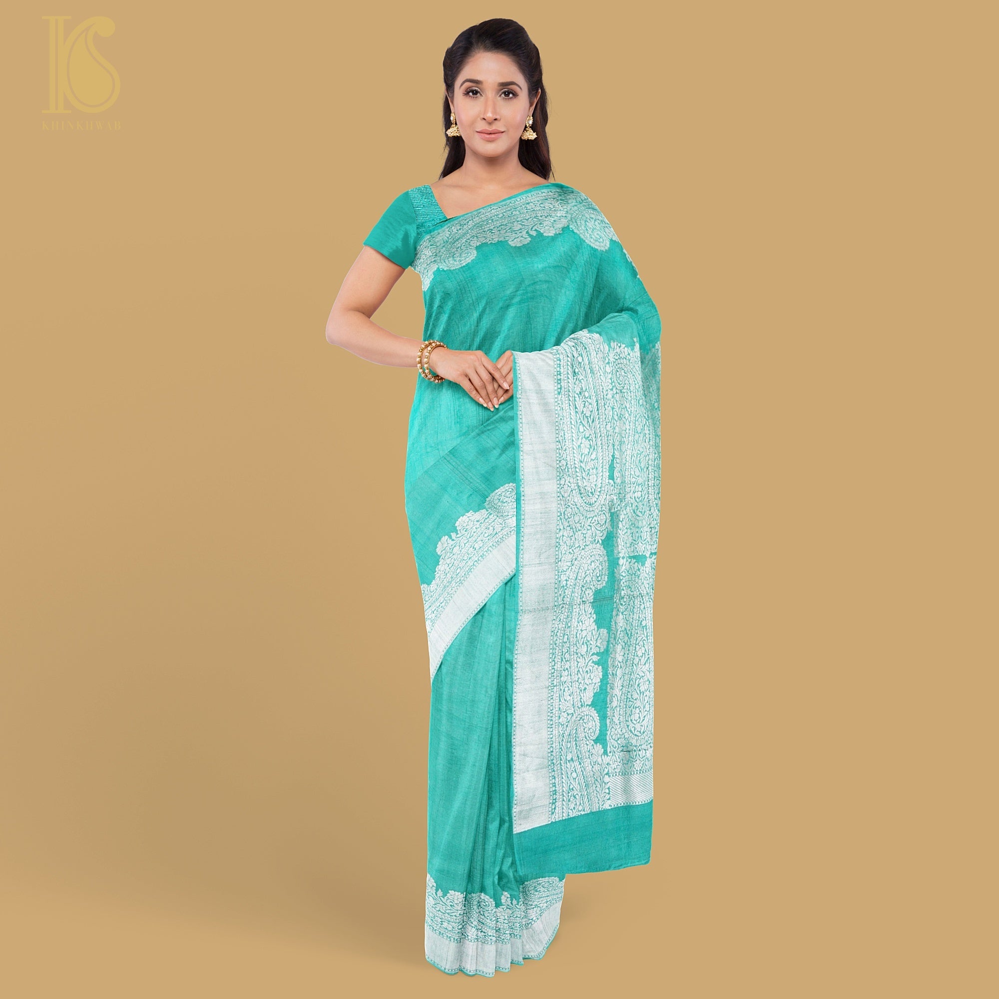 Turquoise Pure Tussar by Georgette Silk Handloom Banarasi Saree - Khinkhwab