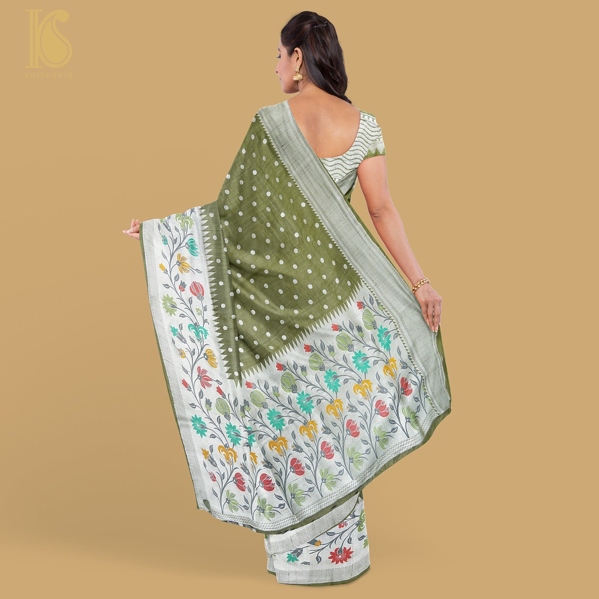 Avocado Green Pure Tussar by Georgette Silk Handloom Banarasi Saree - Khinkhwab