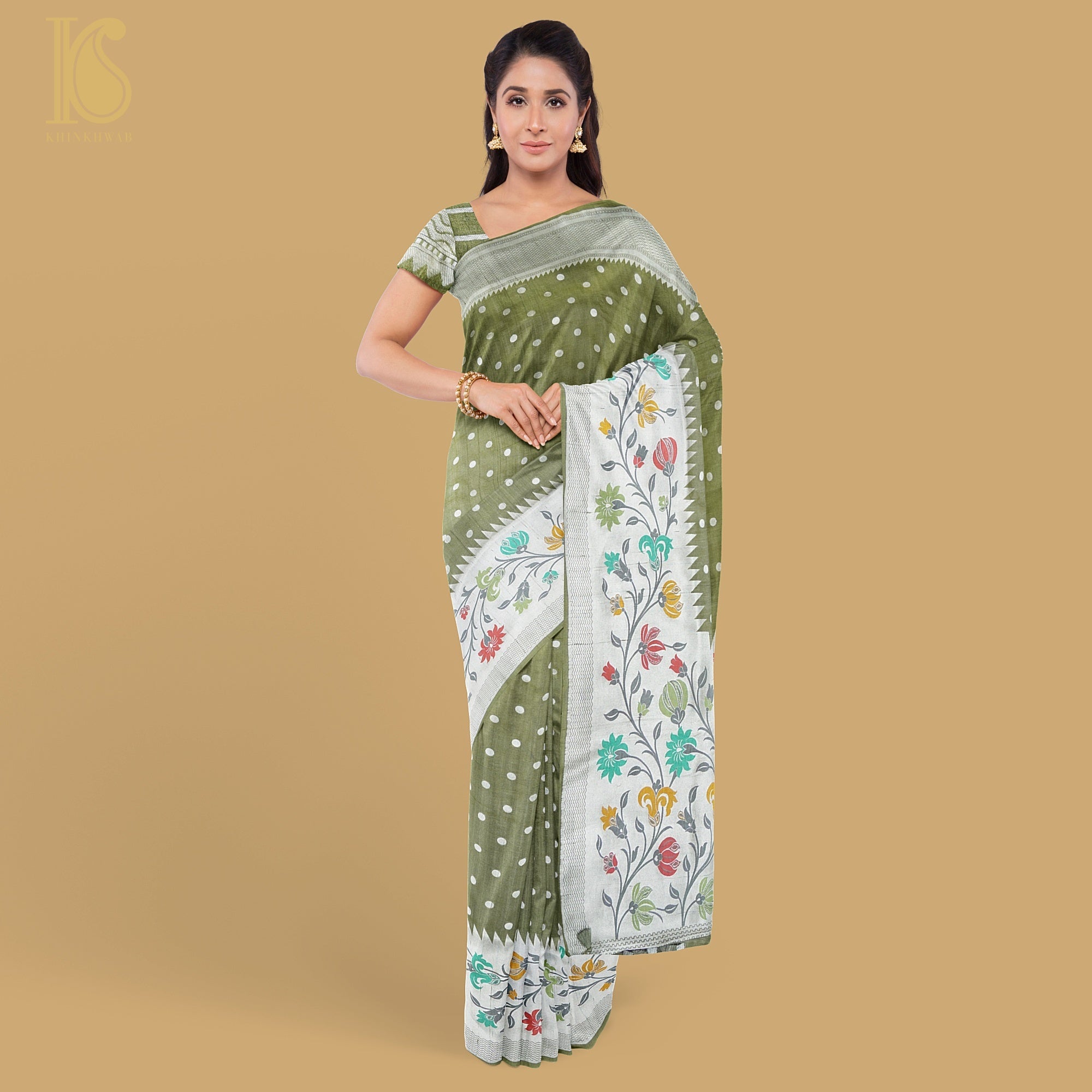 Avocado Green Pure Tussar by Georgette Silk Handloom Banarasi Saree - Khinkhwab