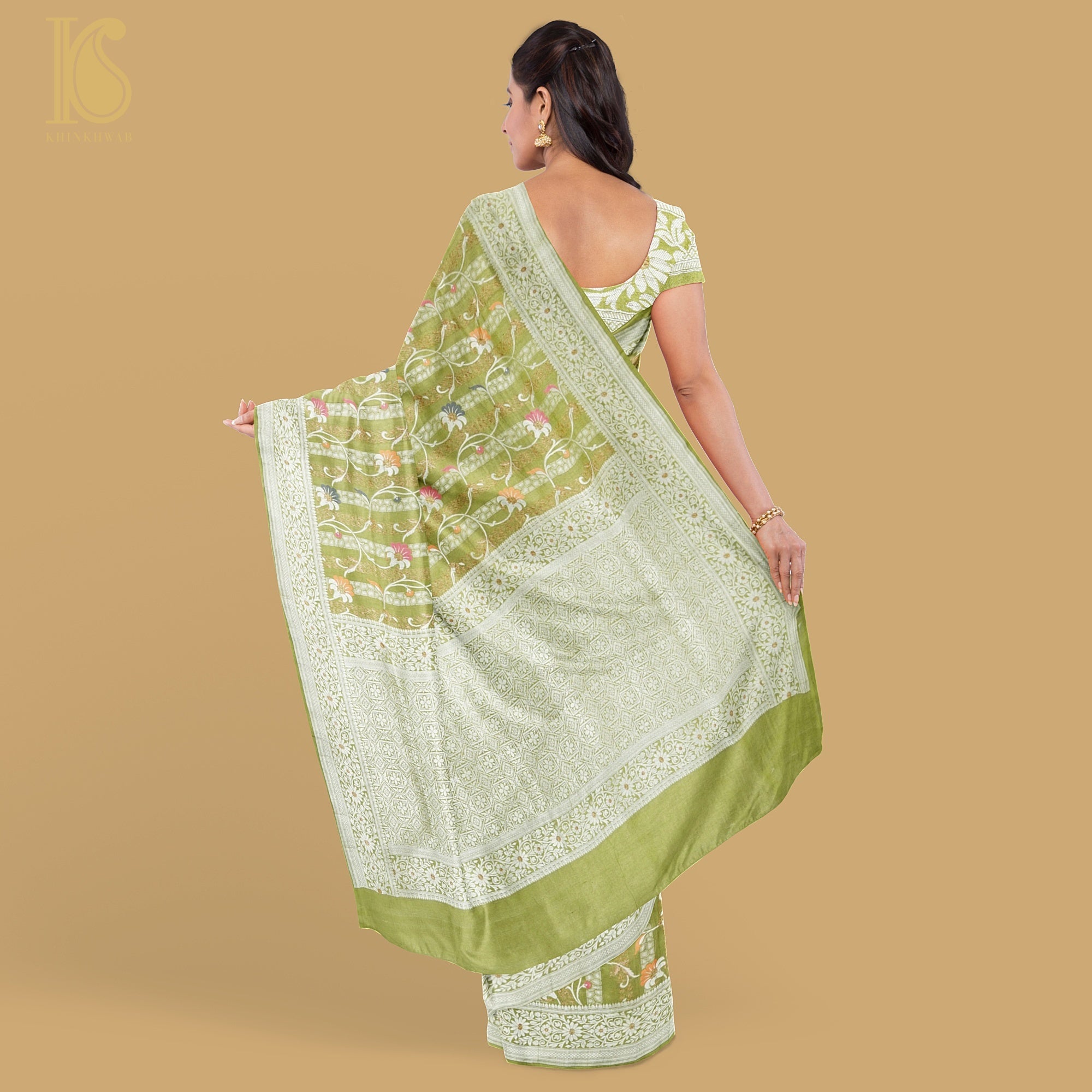 Olive Green Pure Tussar by Georgette Silk Handloom Banarasi Saree - Khinkhwab