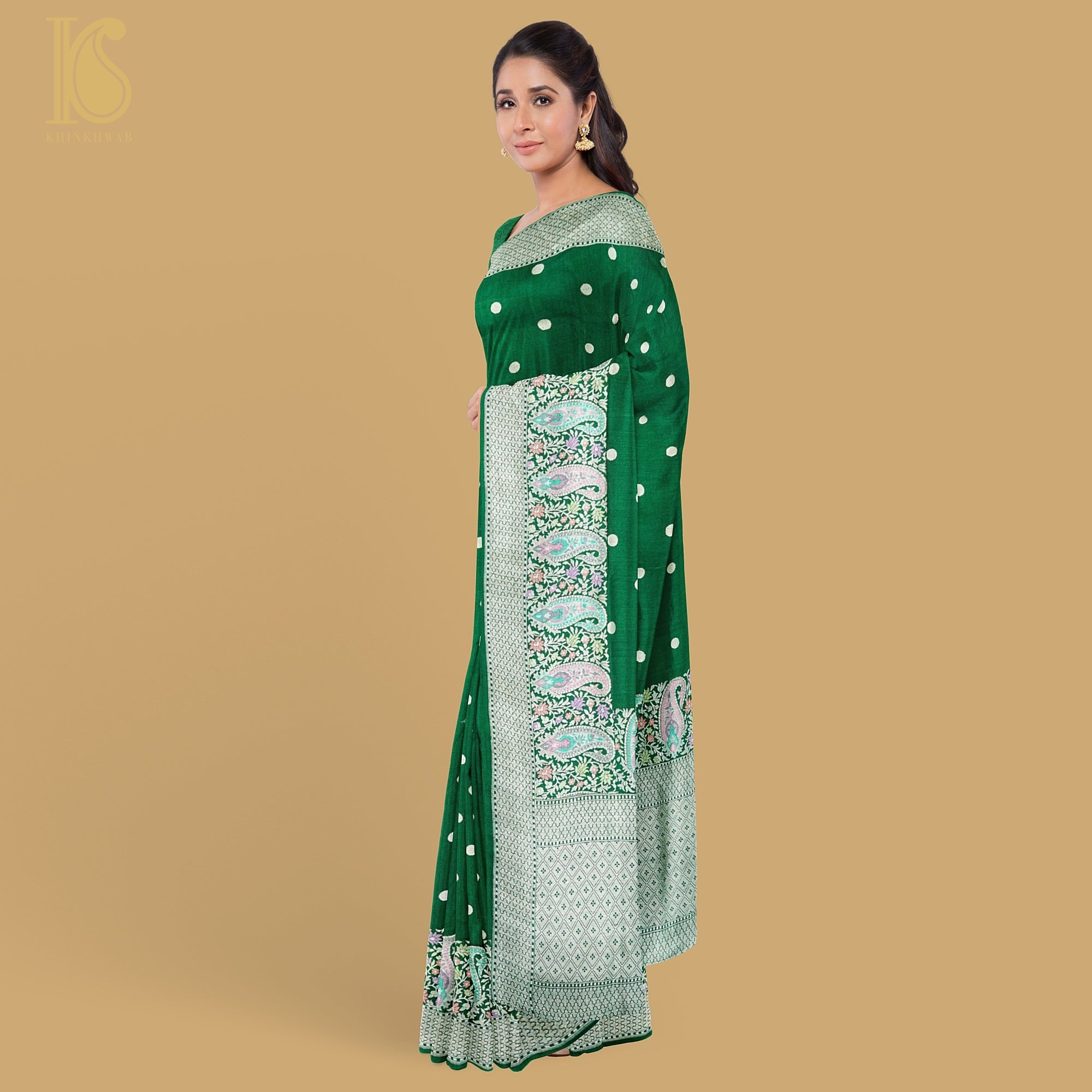 Jewel Green Pure Tussar by Georgette Silk Handloom Banarasi Saree - Khinkhwab