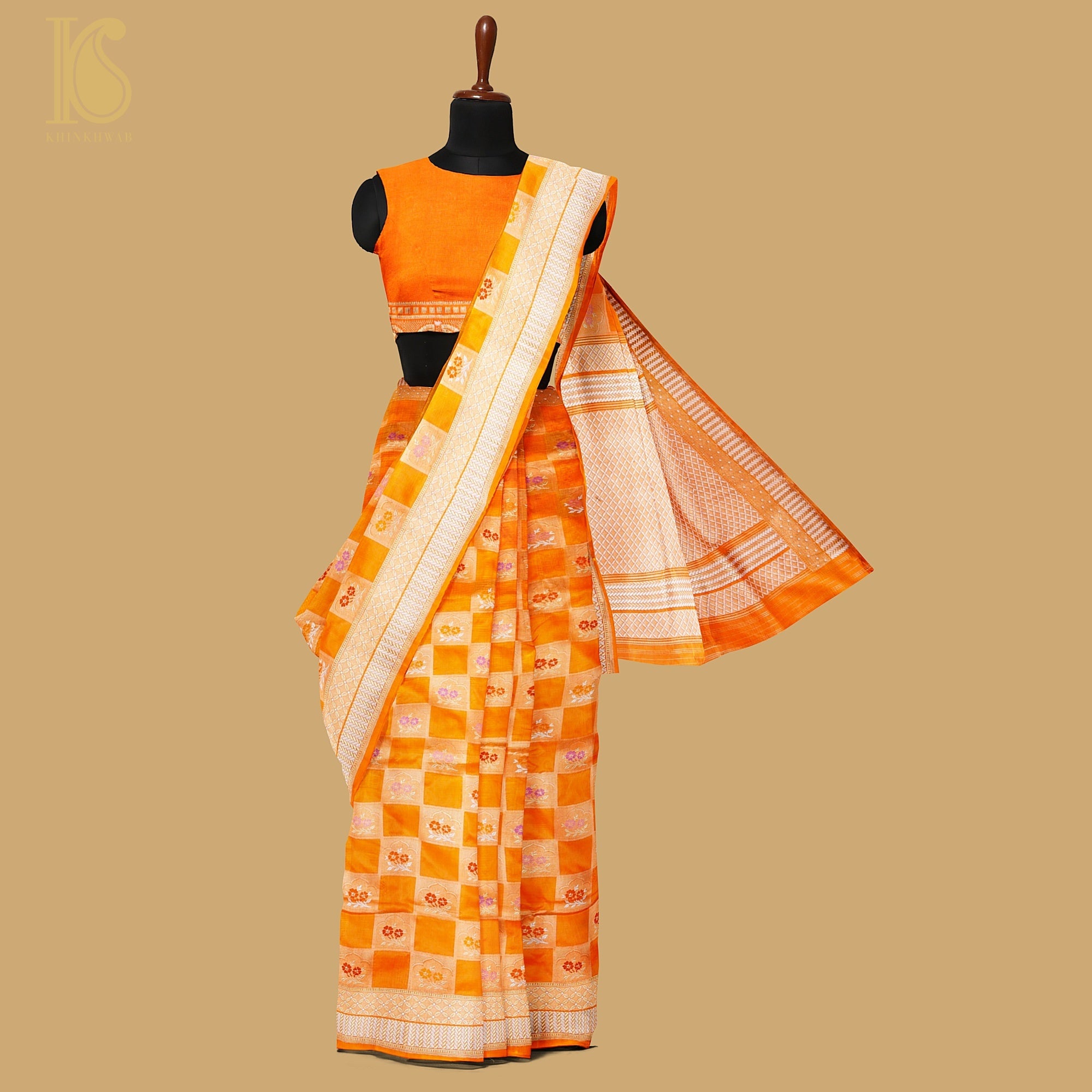 Pumpkin Orange Handloom Banarasi Pure Katan Silk Kadwa Saree - Khinkhwab