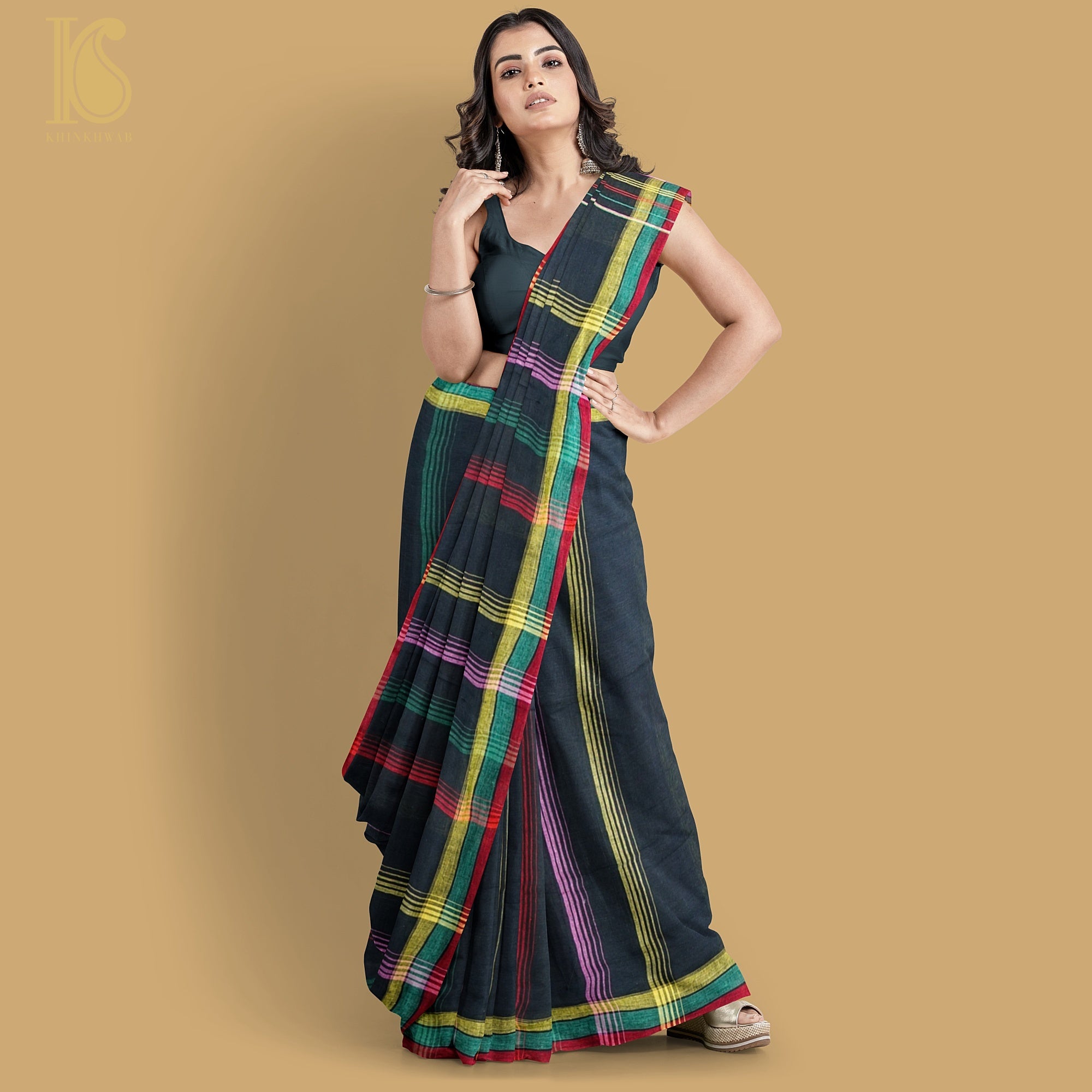 Black Pure Kala Cotton Handwoven Bhujodi Saree - Khinkhwab