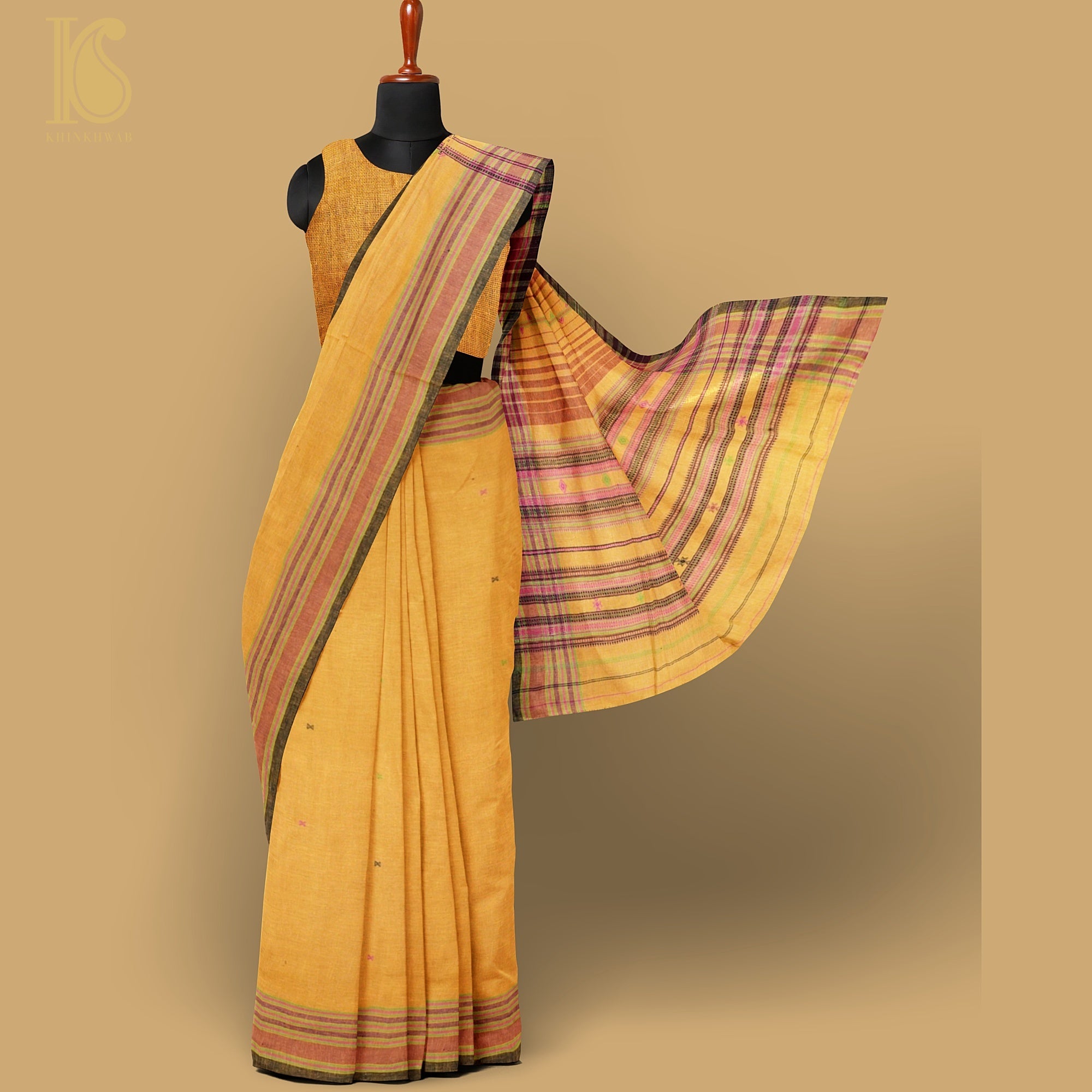 Harvest Gold Yellow Pure Kala Cotton Handwoven Bhujodi Saree - Khinkhwab