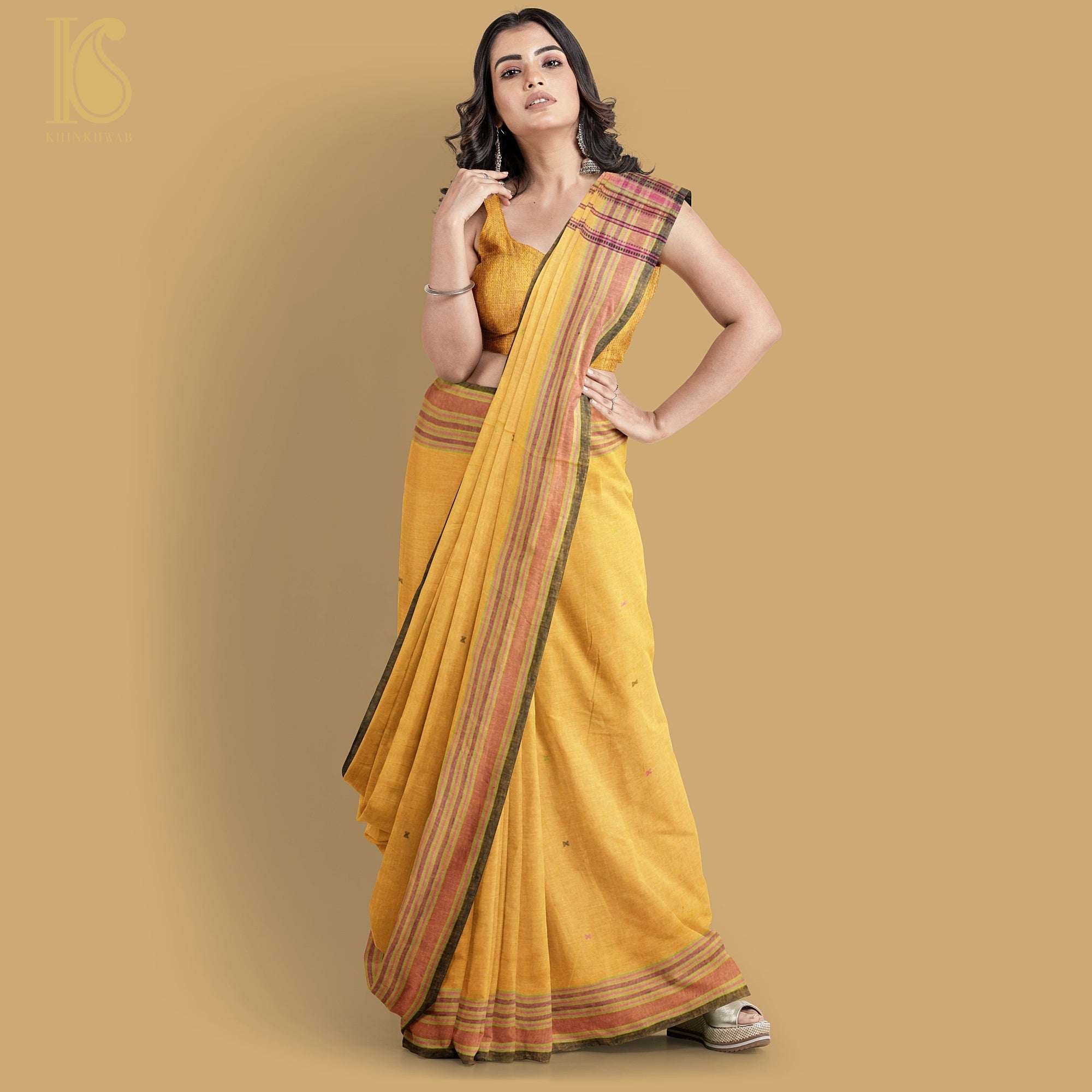Harvest Gold Yellow Pure Kala Cotton Handwoven Bhujodi Saree - Khinkhwab