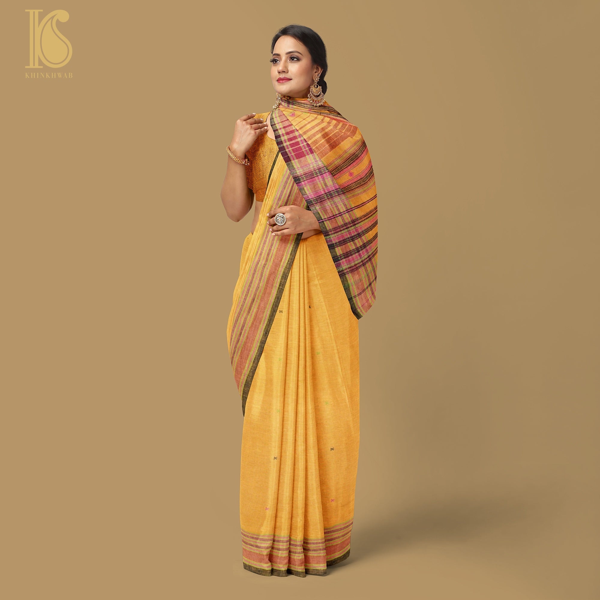 Harvest Gold Yellow Pure Kala Cotton Handwoven Bhujodi Saree - Khinkhwab
