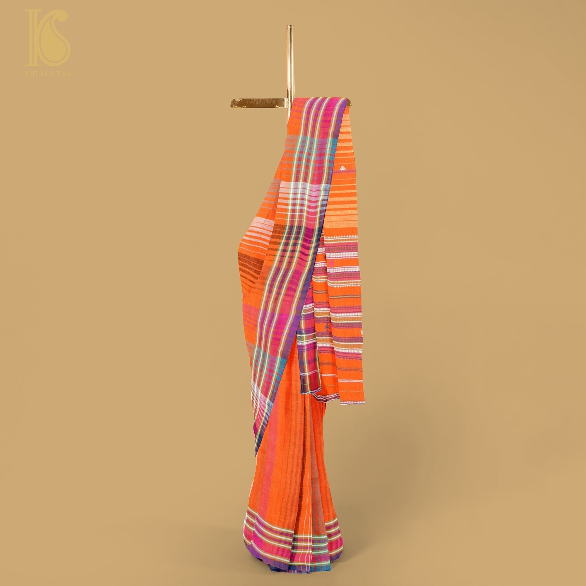 Burnt Orange Pure Kala Cotton Handwoven Bhujodi Saree - Khinkhwab