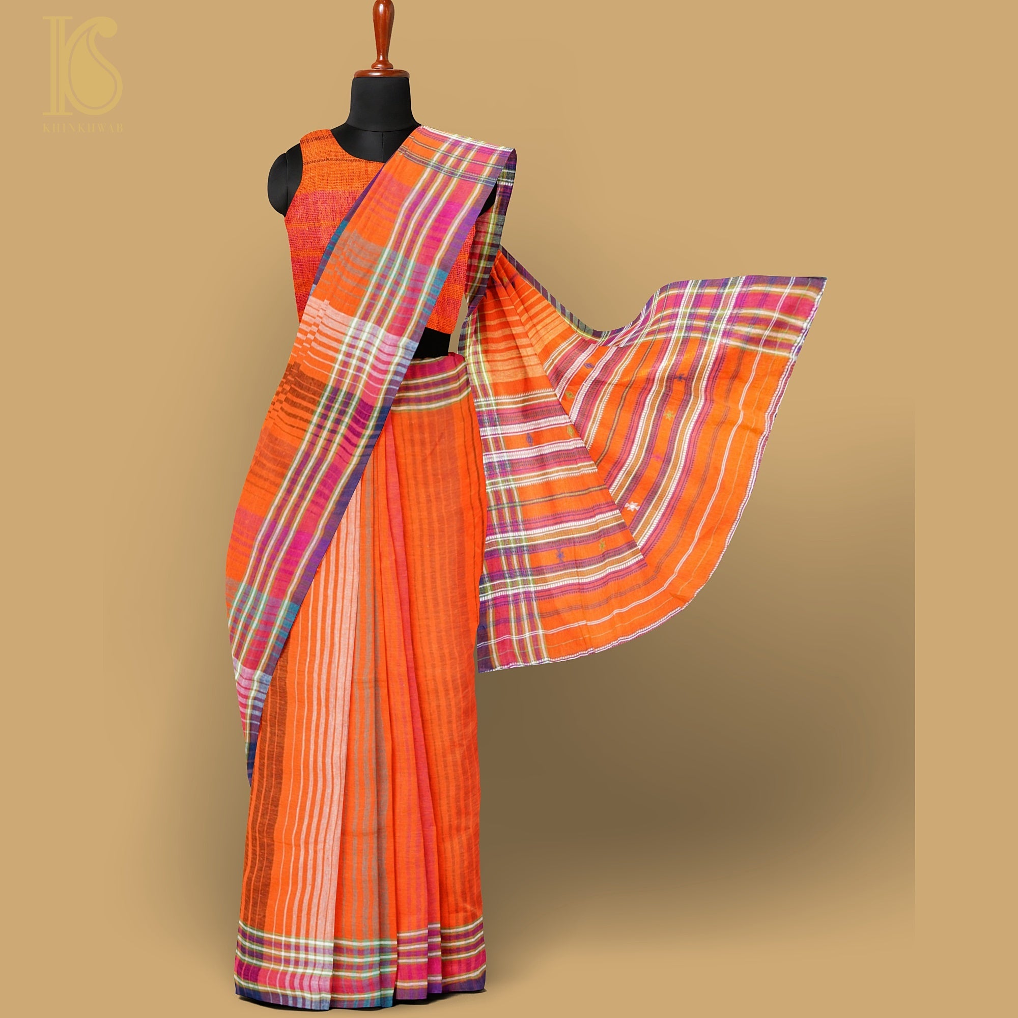 Burnt Orange Pure Kala Cotton Handwoven Bhujodi Saree - Khinkhwab