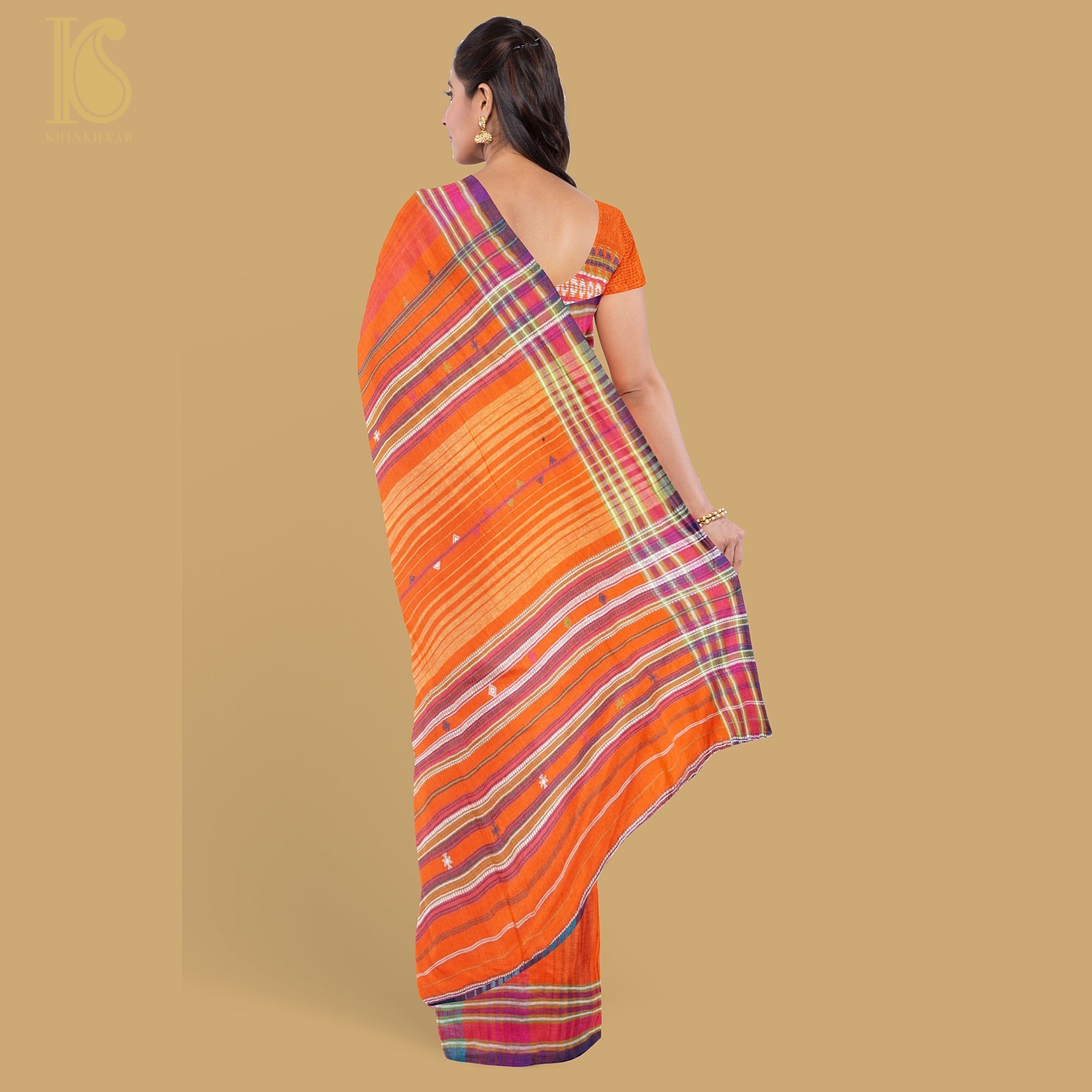 Burnt Orange Pure Kala Cotton Handwoven Bhujodi Saree - Khinkhwab