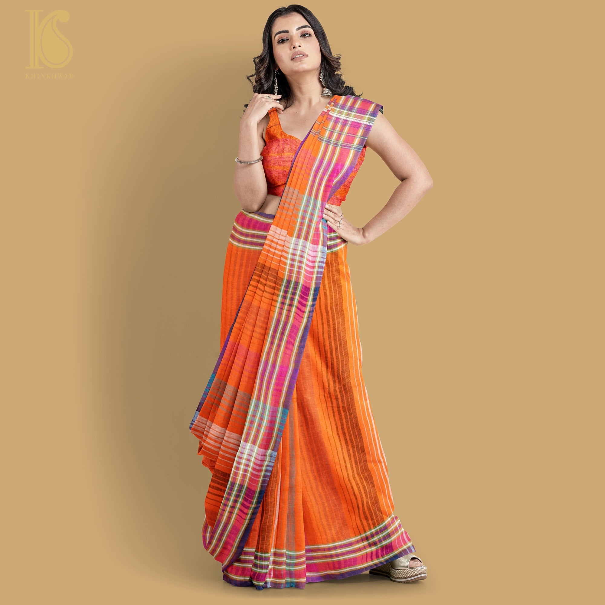 Burnt Orange Pure Kala Cotton Handwoven Bhujodi Saree - Khinkhwab