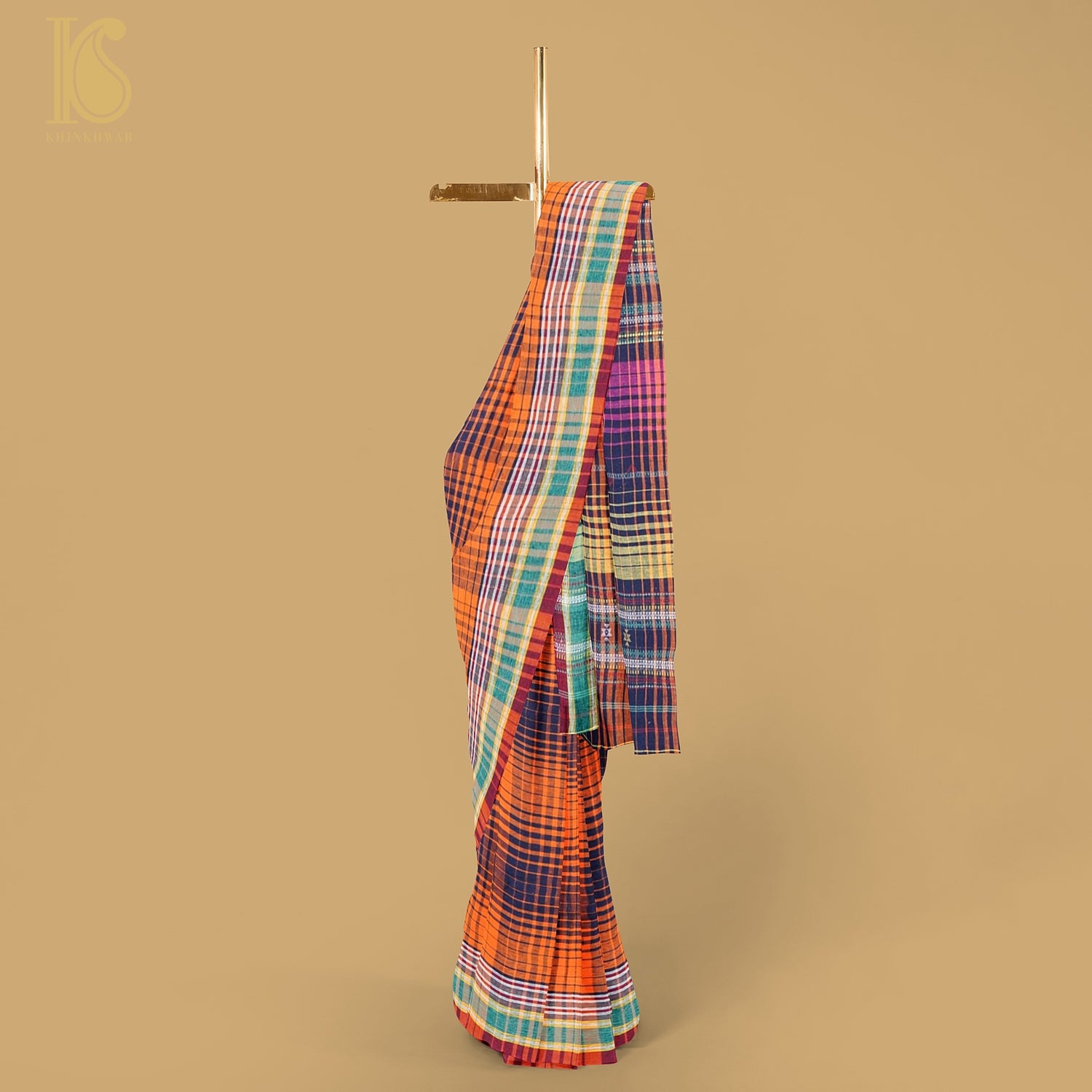 Flamingo Orange Pure Kala Cotton Handwoven Bhujodi Checks Saree - Khinkhwab