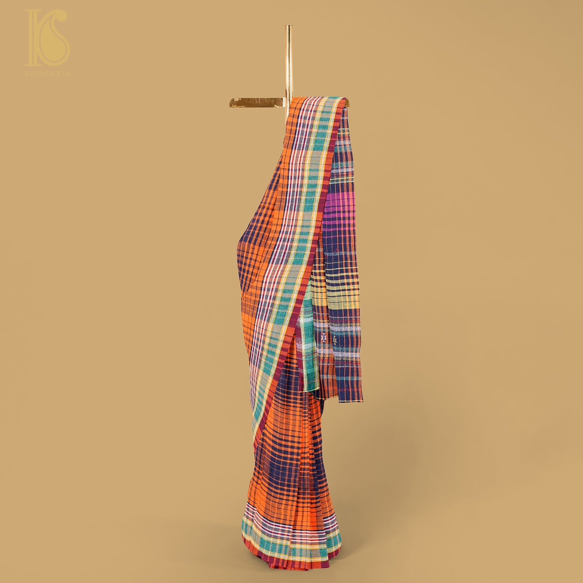 Flamingo Orange Pure Kala Cotton Handwoven Bhujodi Checks Saree - Khinkhwab