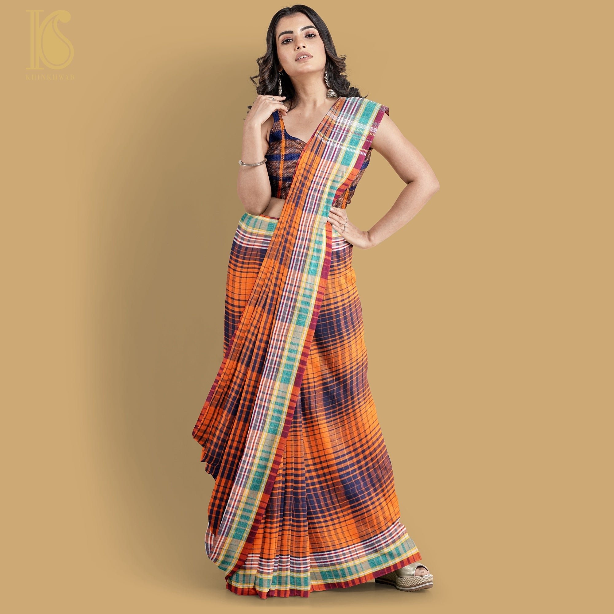 Flamingo Orange Pure Kala Cotton Handwoven Bhujodi Checks Saree - Khinkhwab