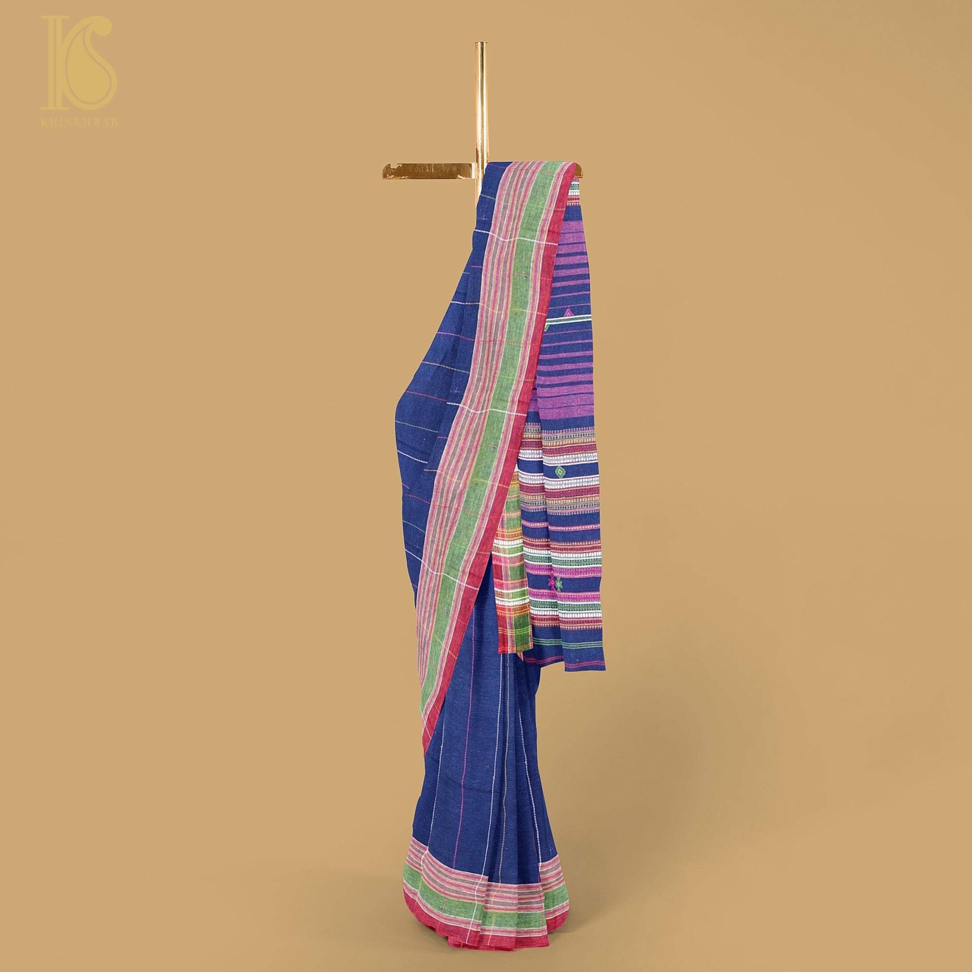 Lucky Point Blue Pure Kala Cotton Handwoven Bhujodi Saree - Khinkhwab