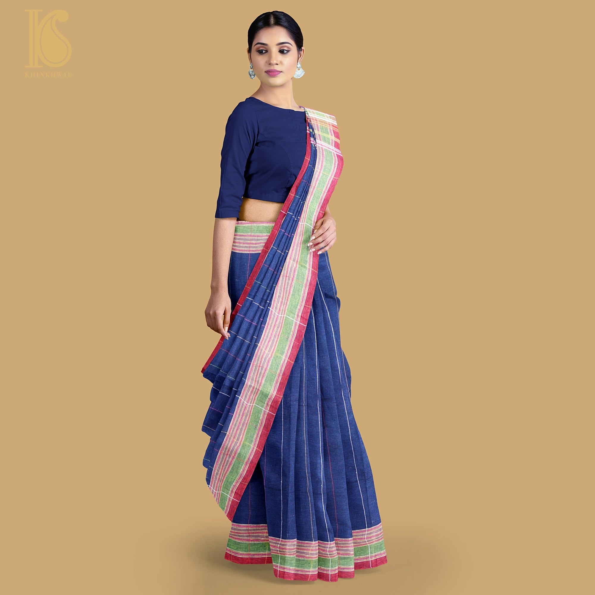 Lucky Point Blue Pure Kala Cotton Handwoven Bhujodi Saree - Khinkhwab