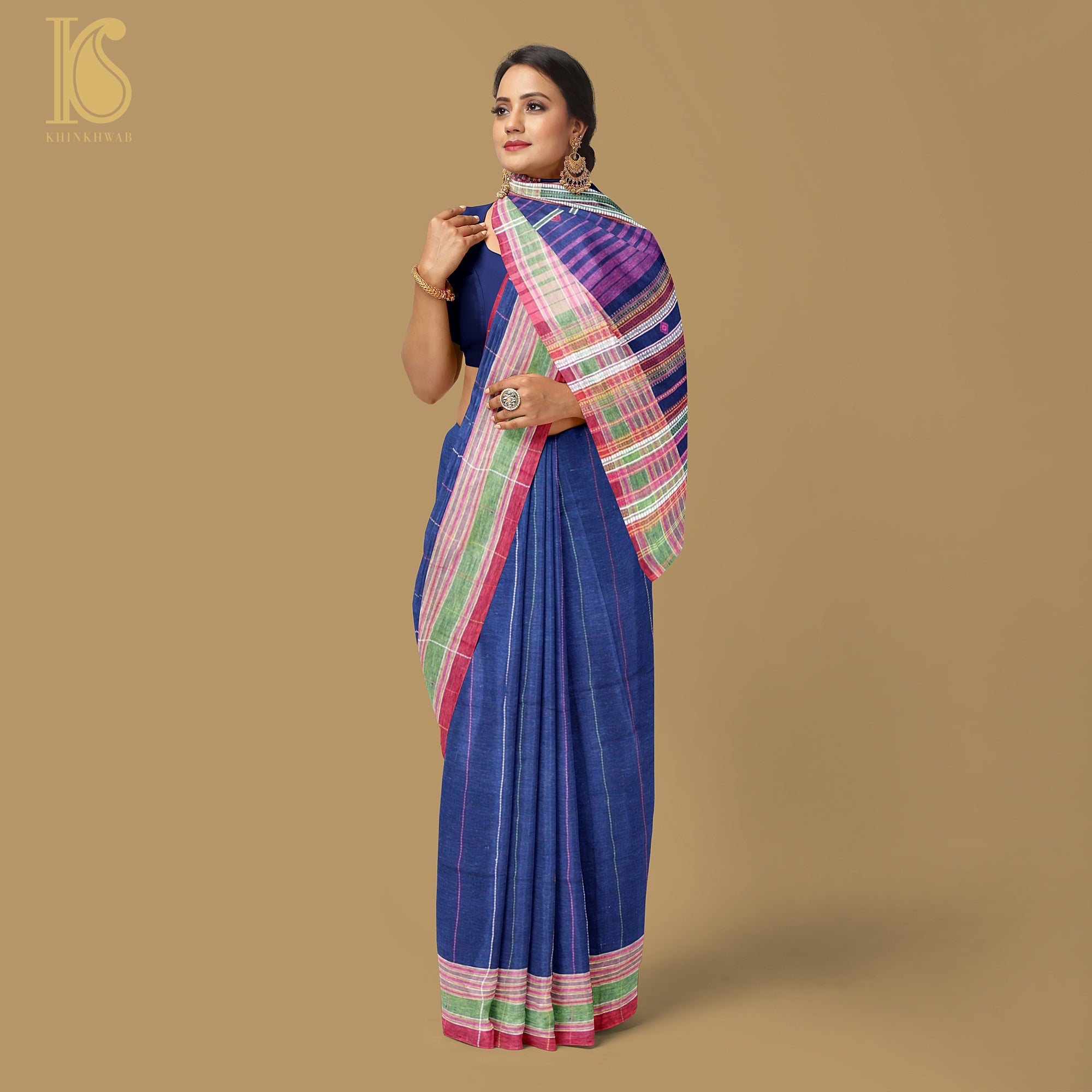 Lucky Point Blue Pure Kala Cotton Handwoven Bhujodi Saree - Khinkhwab