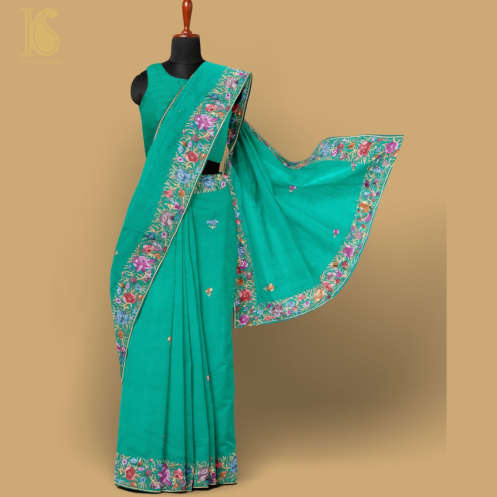 Persian Green Handcrafted Parsi Gara Pure Georgette Saree - Khinkhwab
