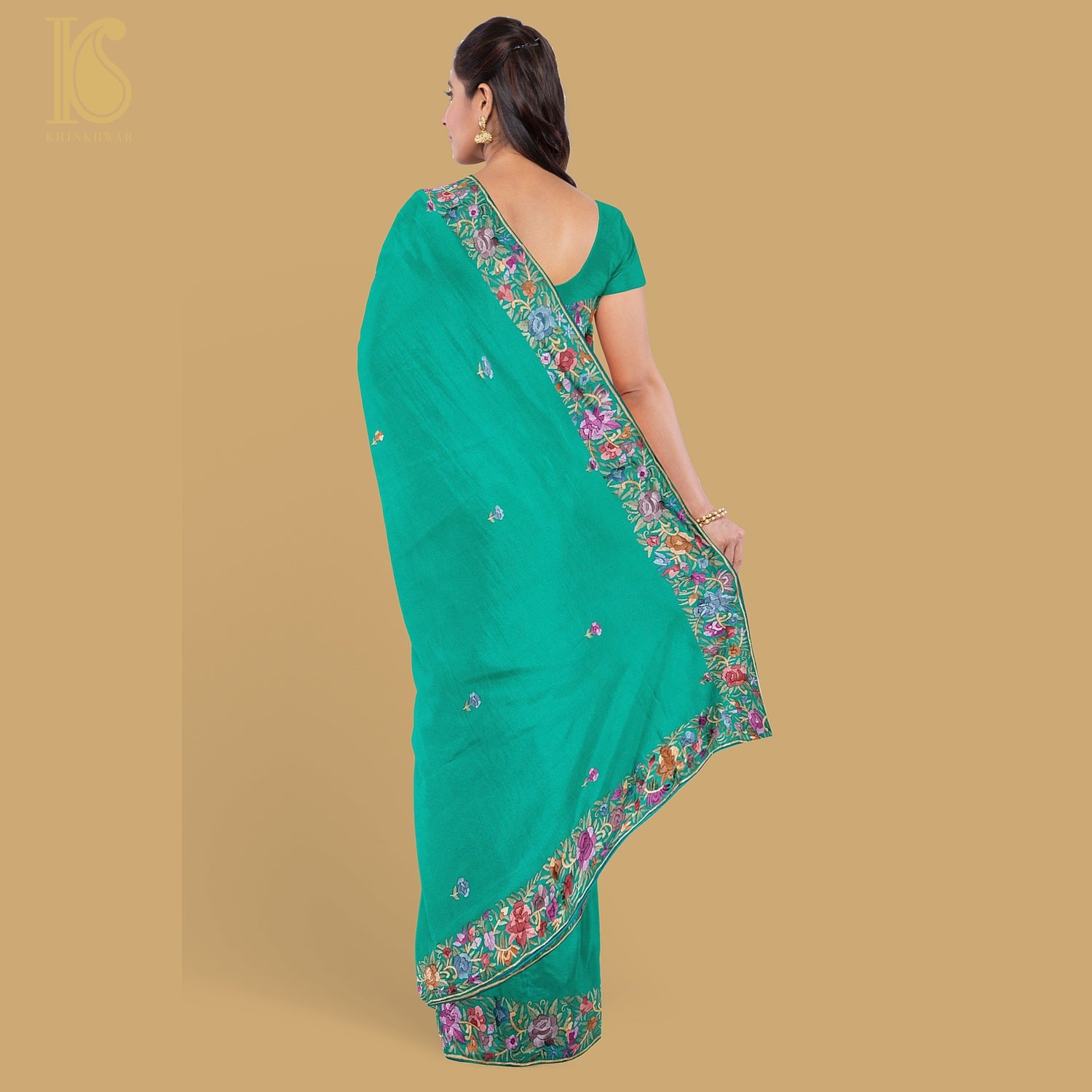 Persian Green Handcrafted Parsi Gara Pure Georgette Saree - Khinkhwab