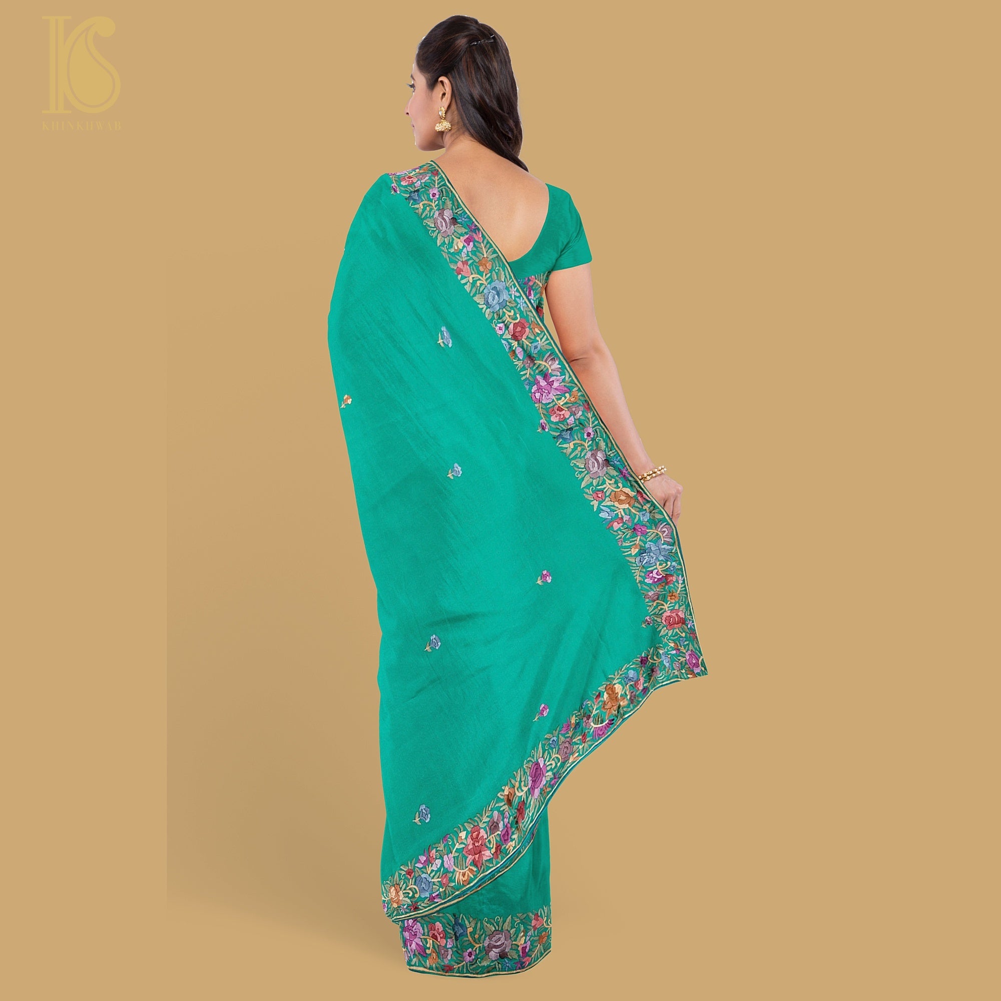 Persian Green Handcrafted Parsi Gara Pure Georgette Saree - Khinkhwab