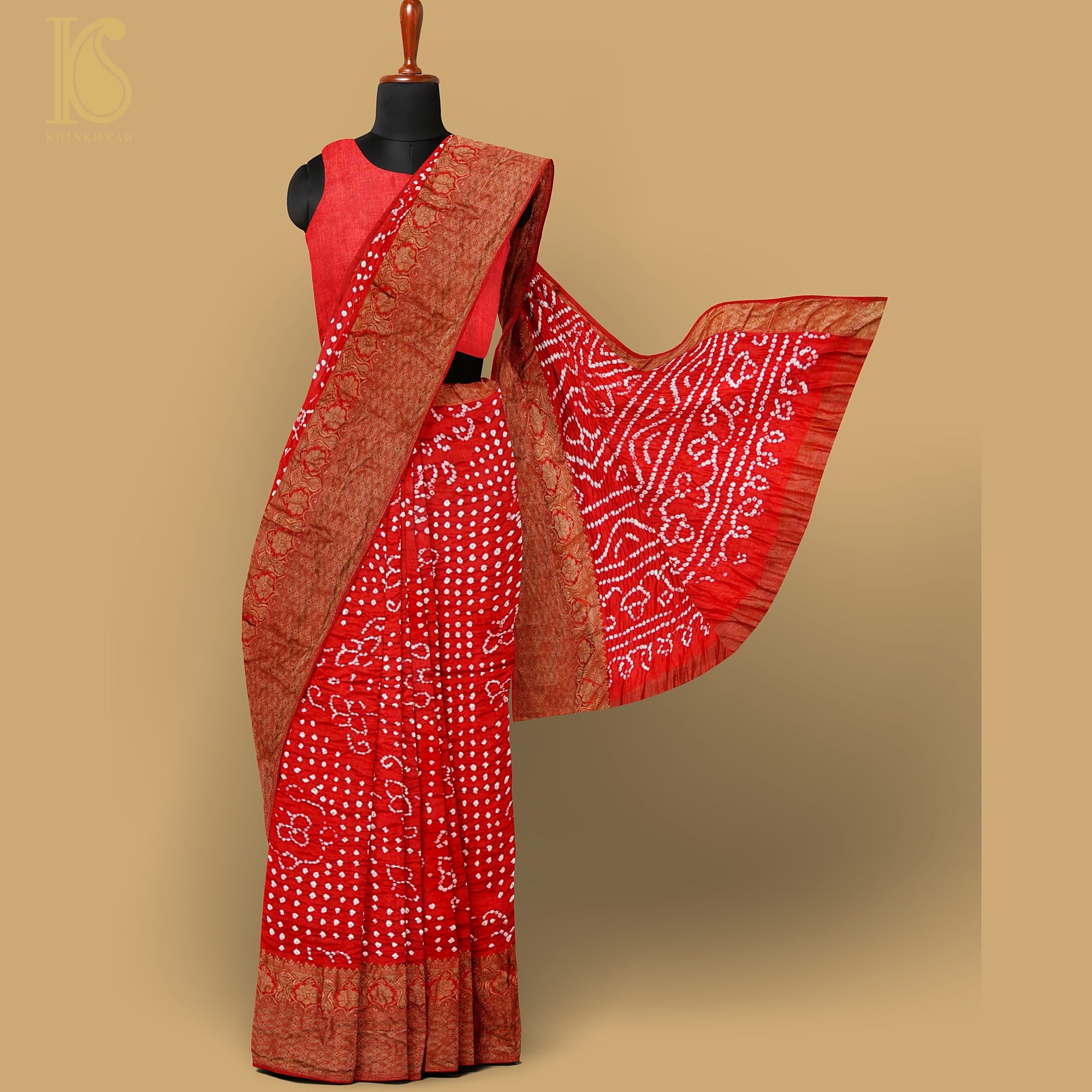 Red Pure Linen Bandhani Handloom Banarasi Saree - Khinkhwab