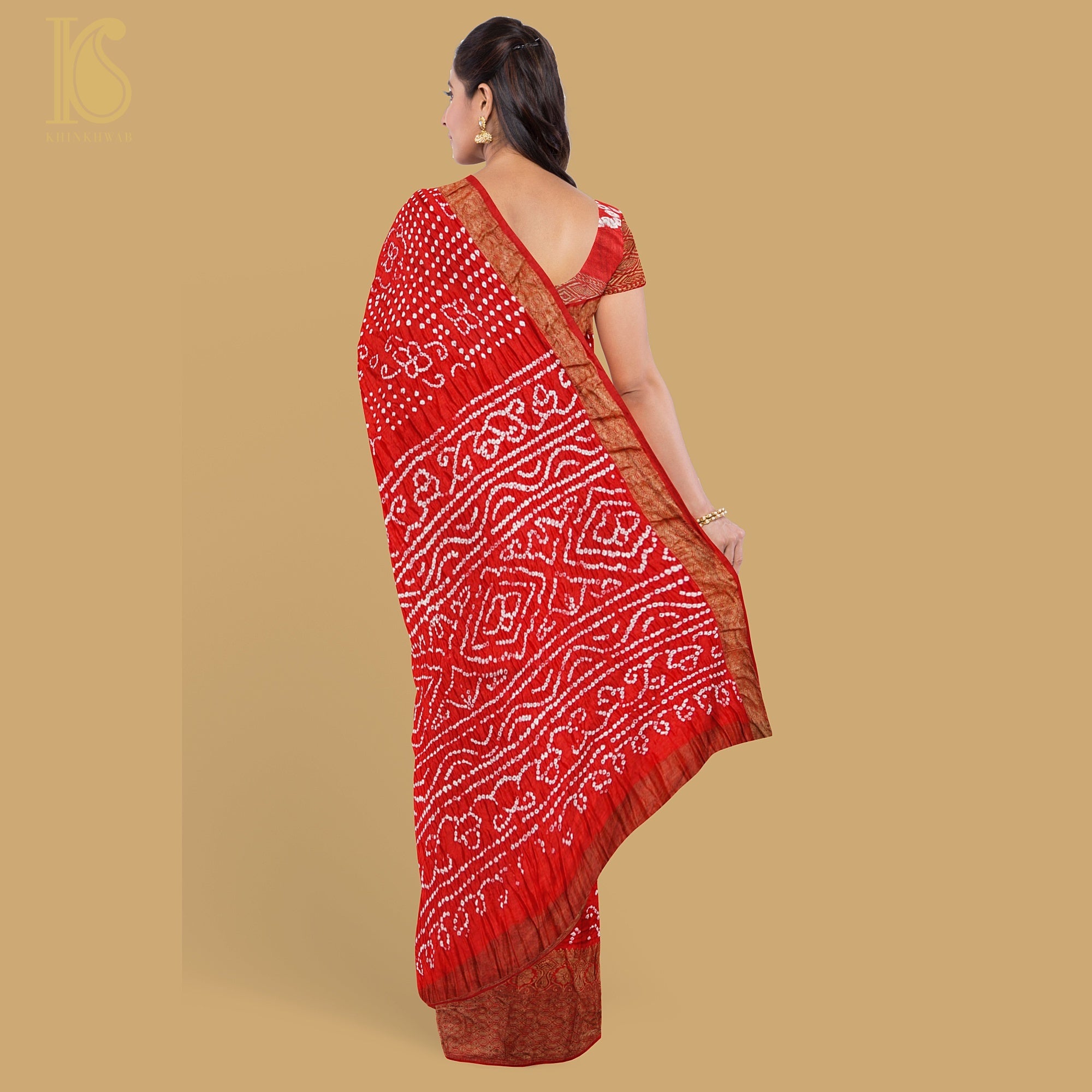 Red Pure Linen Bandhani Handloom Banarasi Saree - Khinkhwab