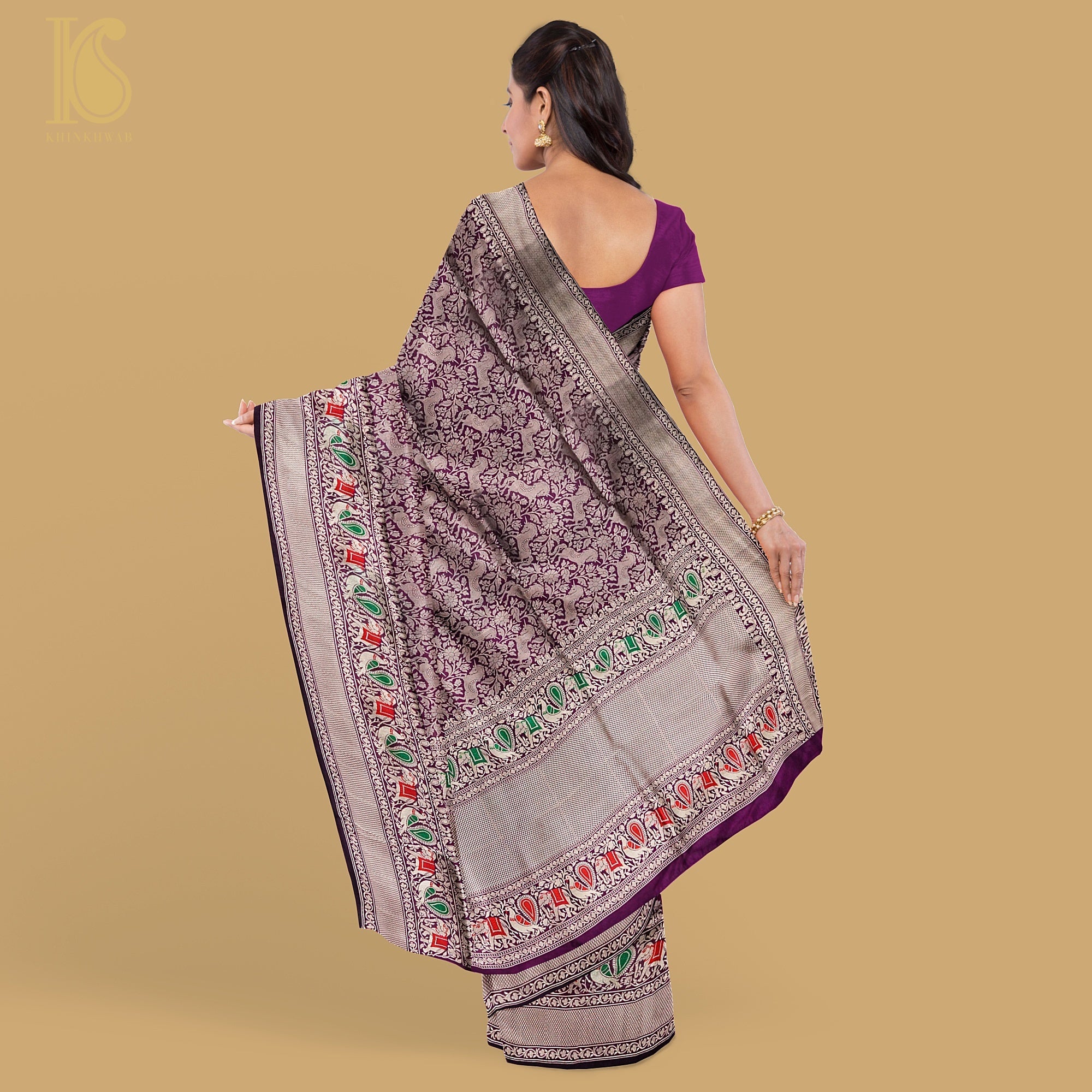 Pompadour Purple Handloom Katan Silk Banarasi Shikargah Saree - Khinkhwab