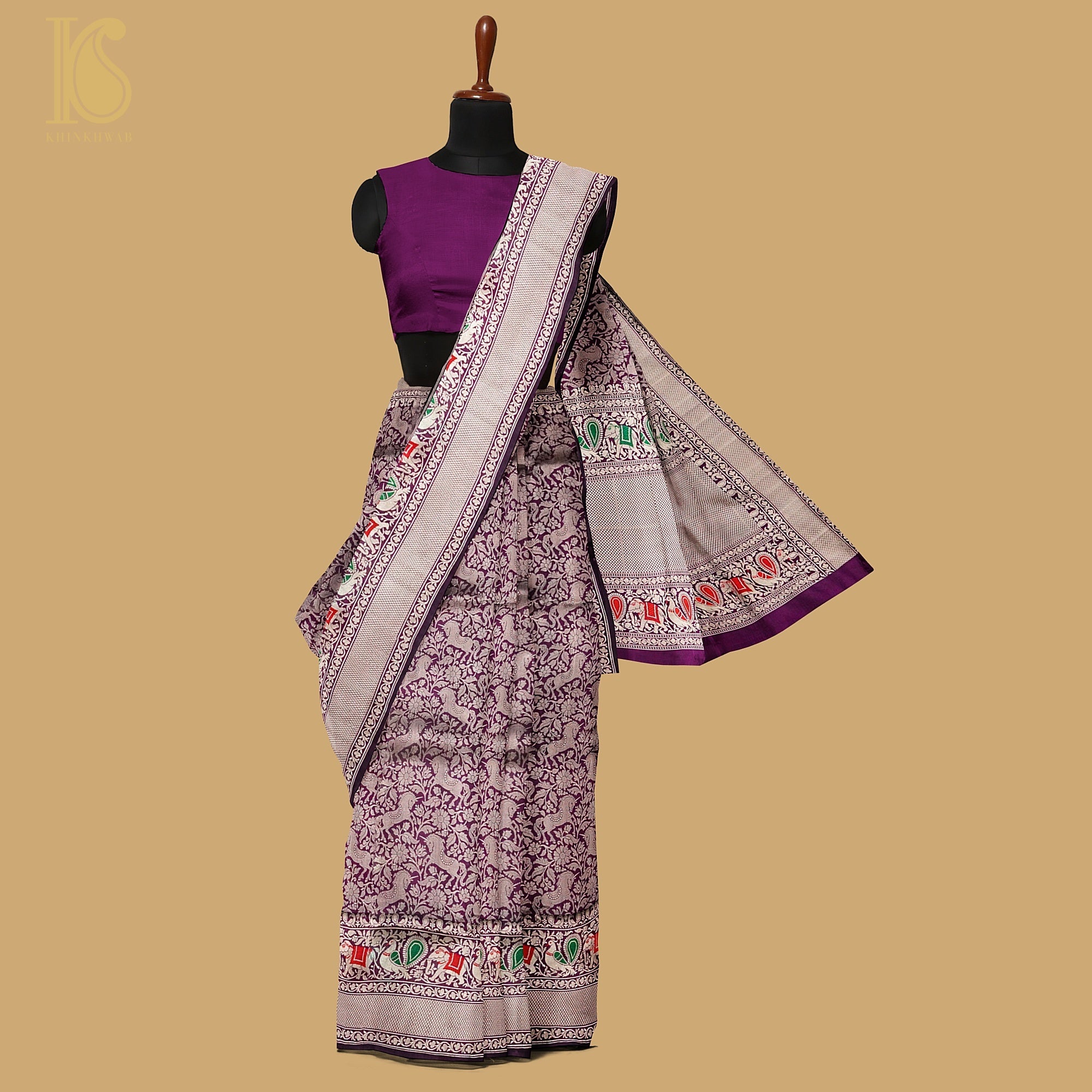 Pompadour Purple Handloom Katan Silk Banarasi Shikargah Saree - Khinkhwab