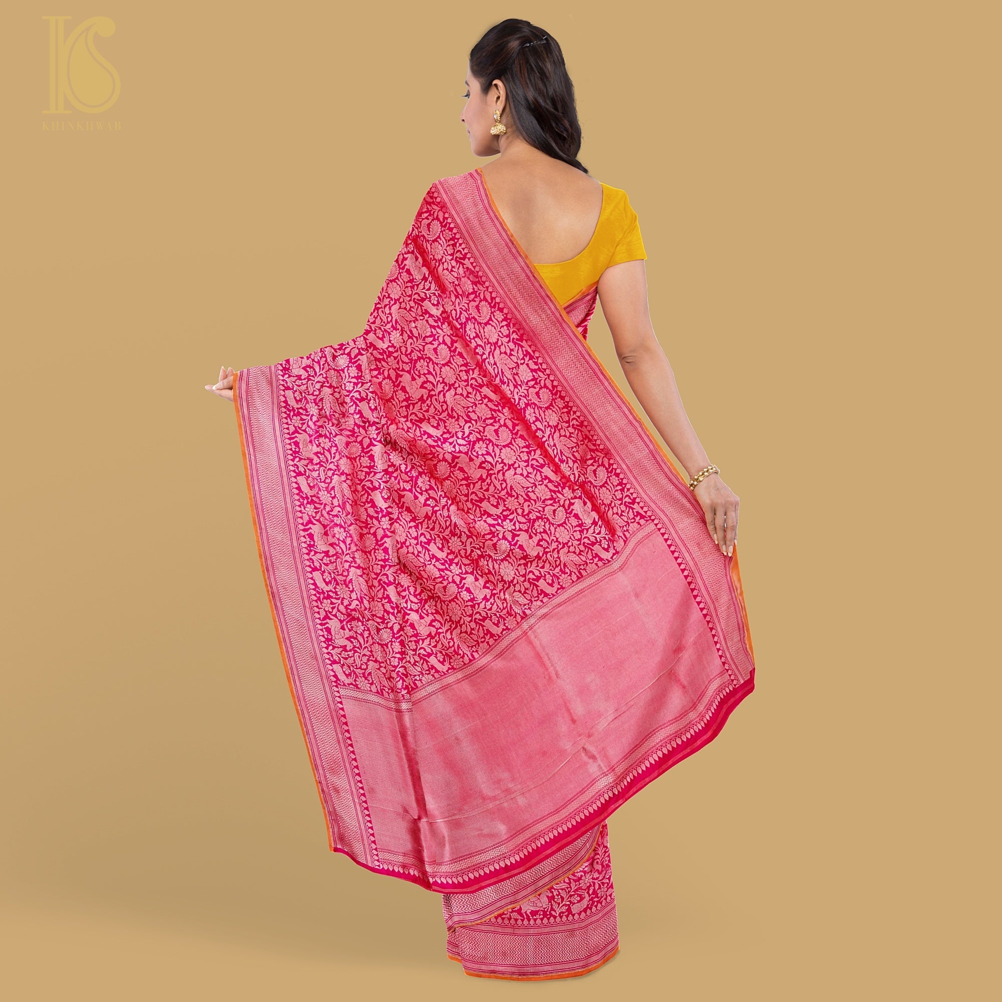 Crimson Pink Handloom Katan Silk Banarasi Shikargah Saree - Khinkhwab