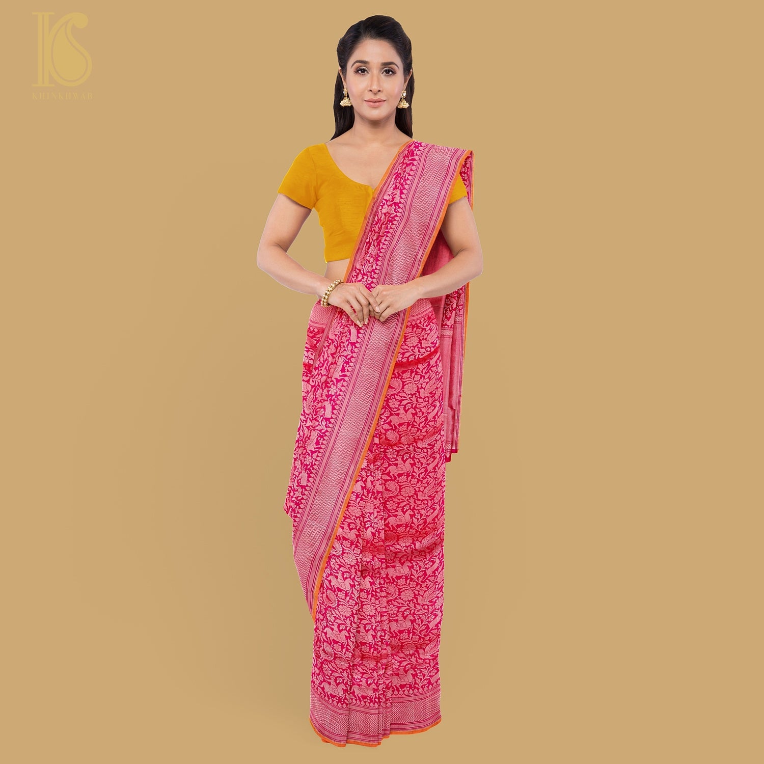 Crimson Pink Handloom Katan Silk Banarasi Shikargah Saree - Khinkhwab