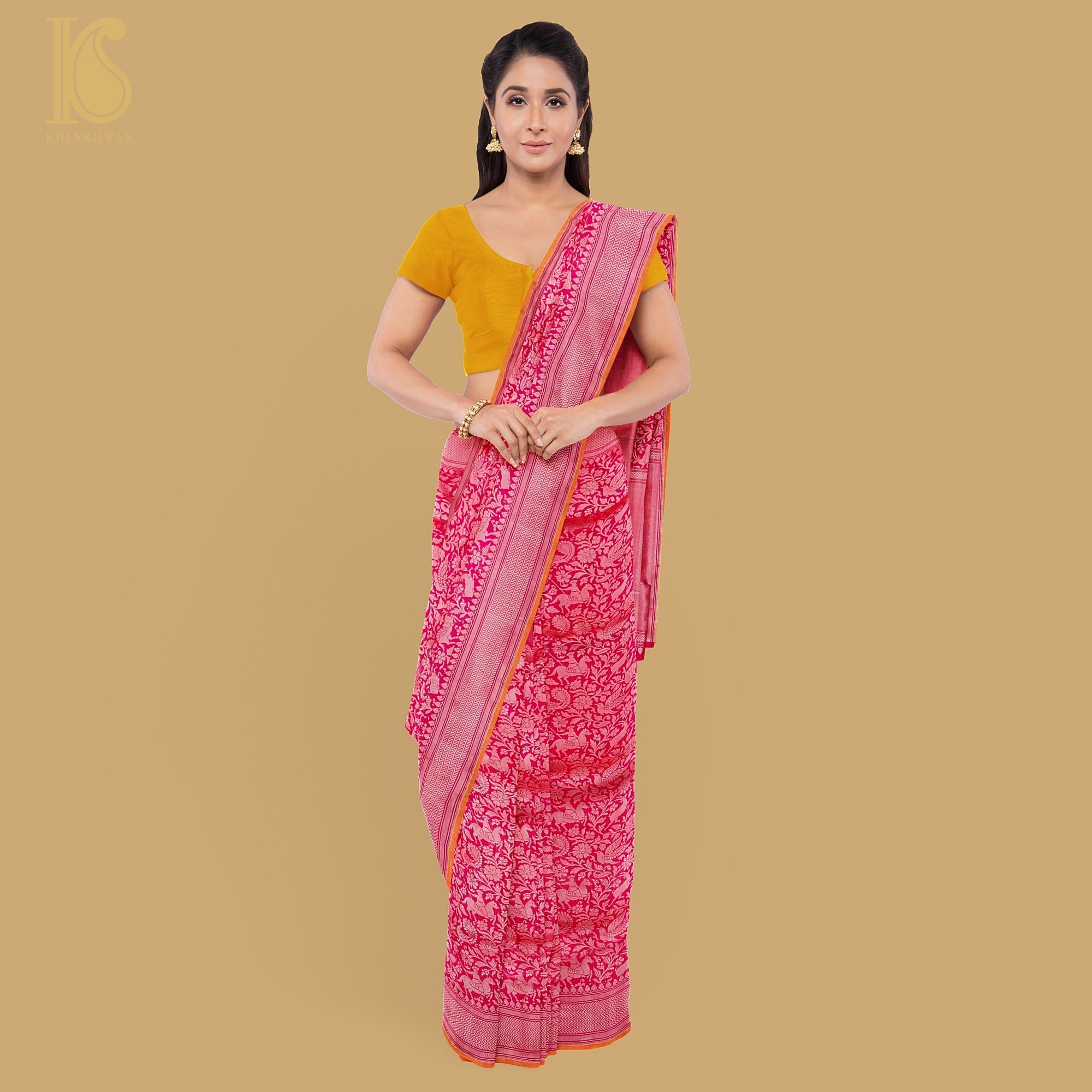 Crimson Pink Handloom Katan Silk Banarasi Shikargah Saree - Khinkhwab
