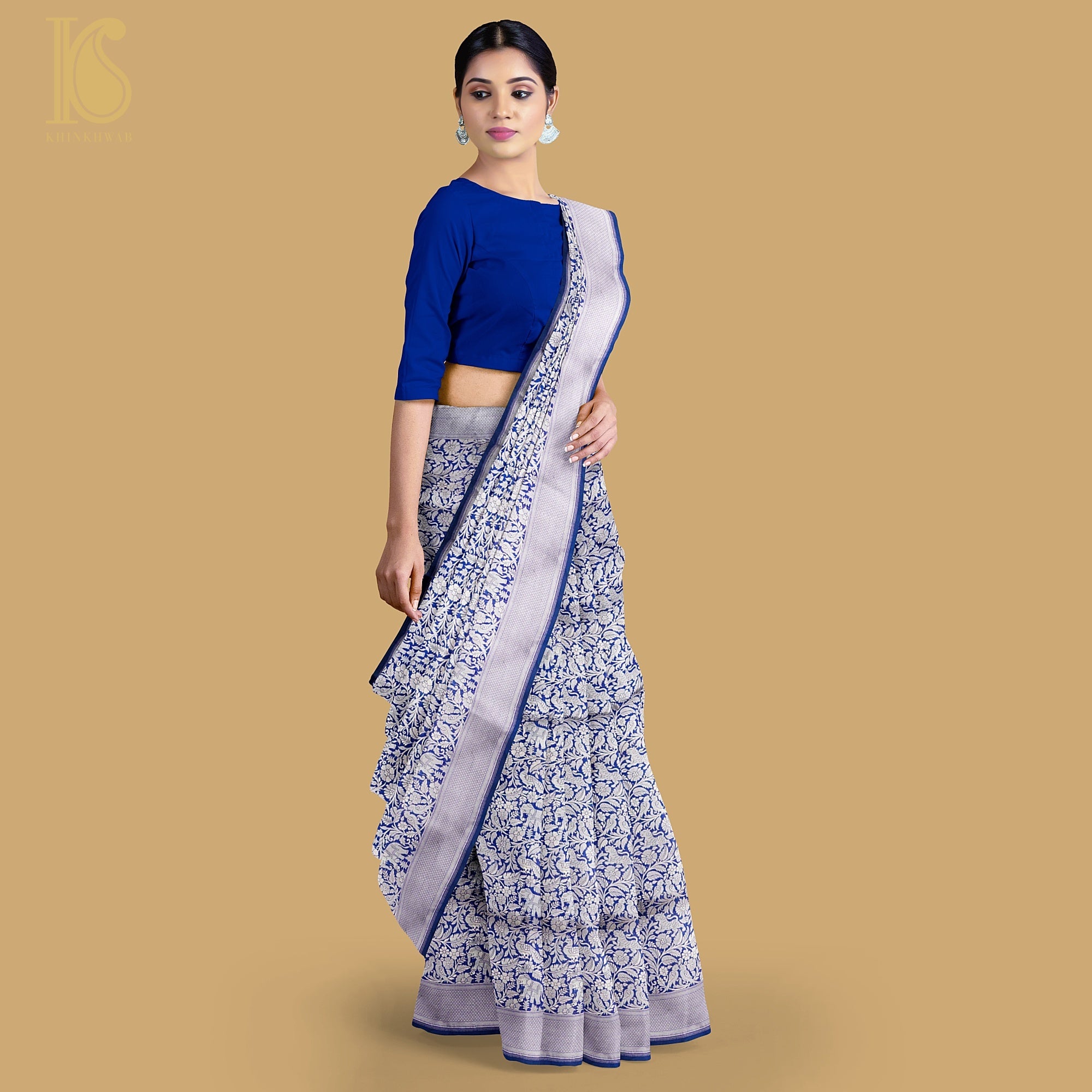 Sapphire Blue Handloom Katan Silk Banarasi Shikargah Saree - Khinkhwab