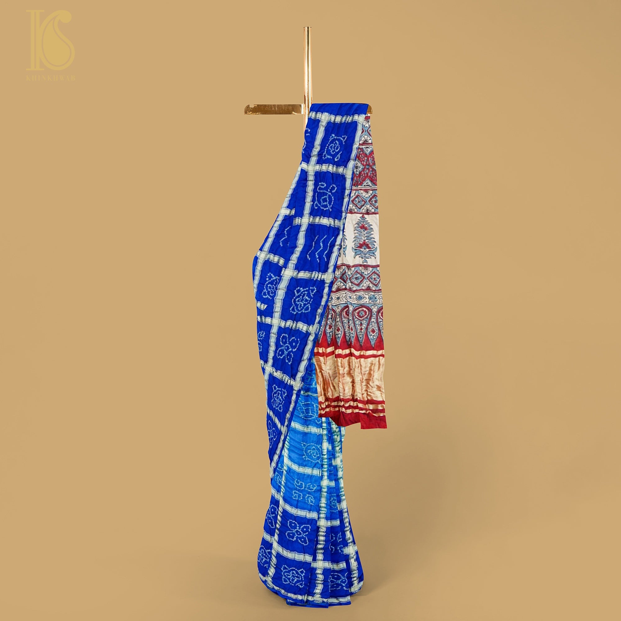 Smalt Blue Gajji Silk Gharchola Handwoven Bandhani & Ajrakh Saree - Khinkhwab