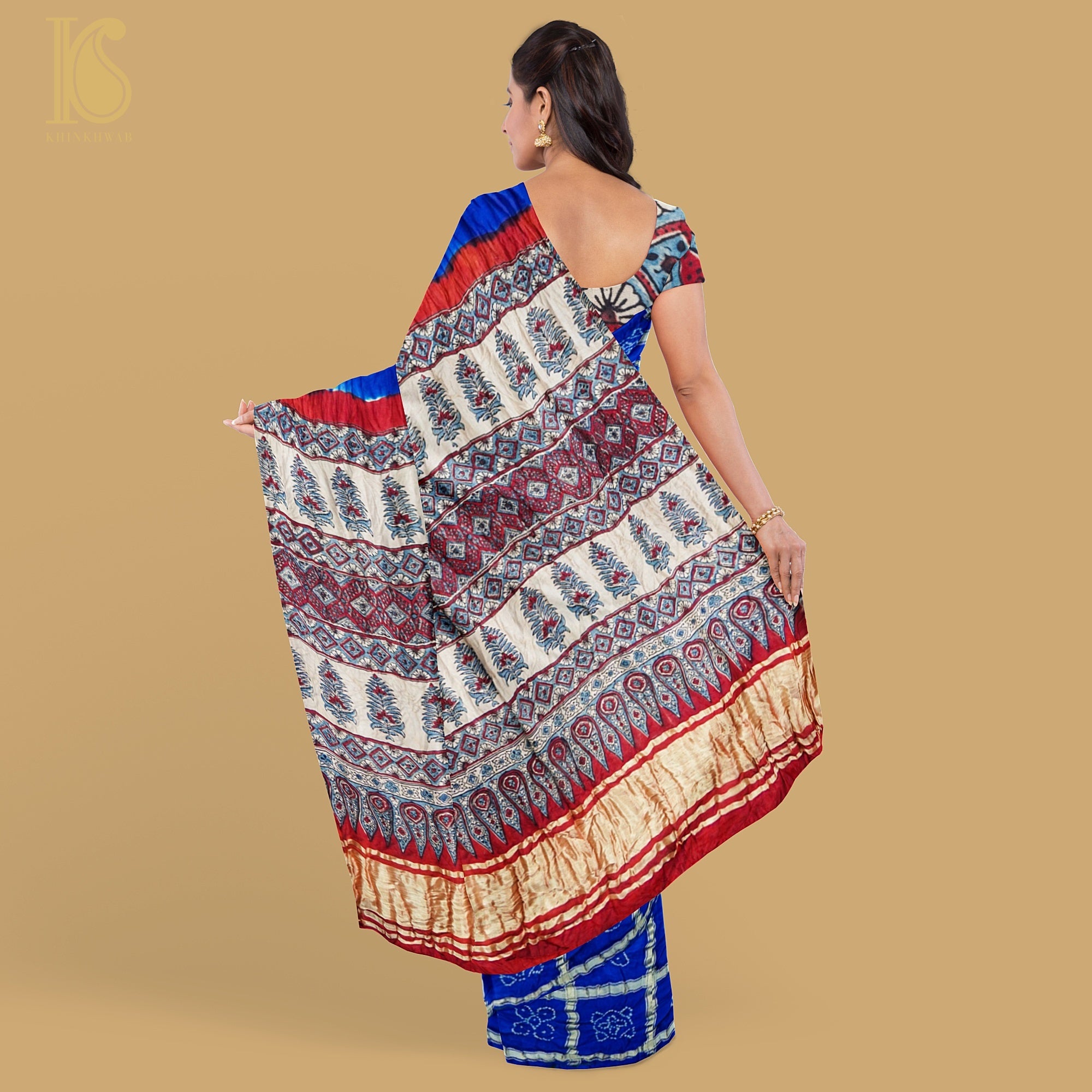 Smalt Blue Gajji Silk Gharchola Handwoven Bandhani & Ajrakh Saree - Khinkhwab
