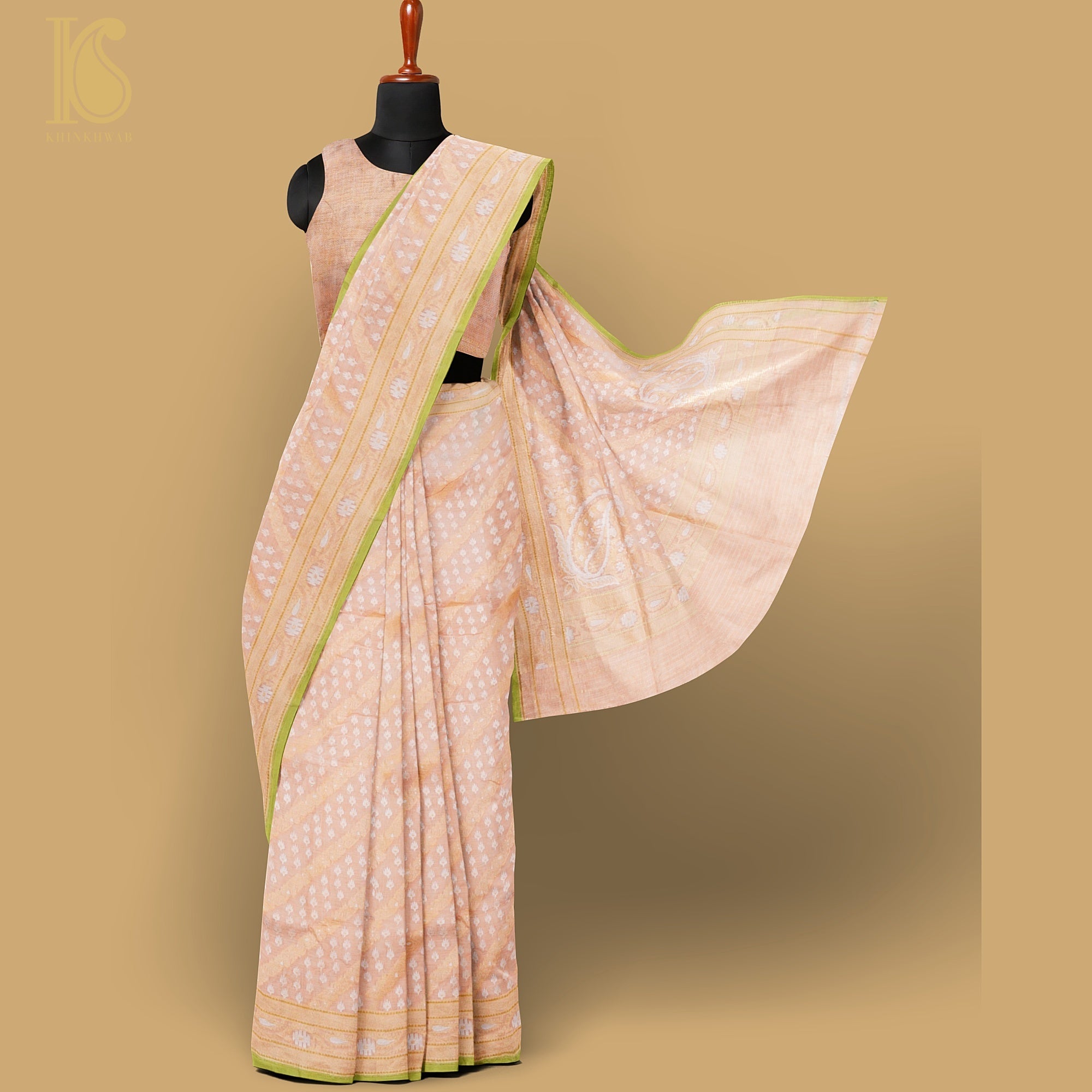 Beige Pure Cotton Handloom Banarasi Jamdani Ektara Saree - Khinkhwab