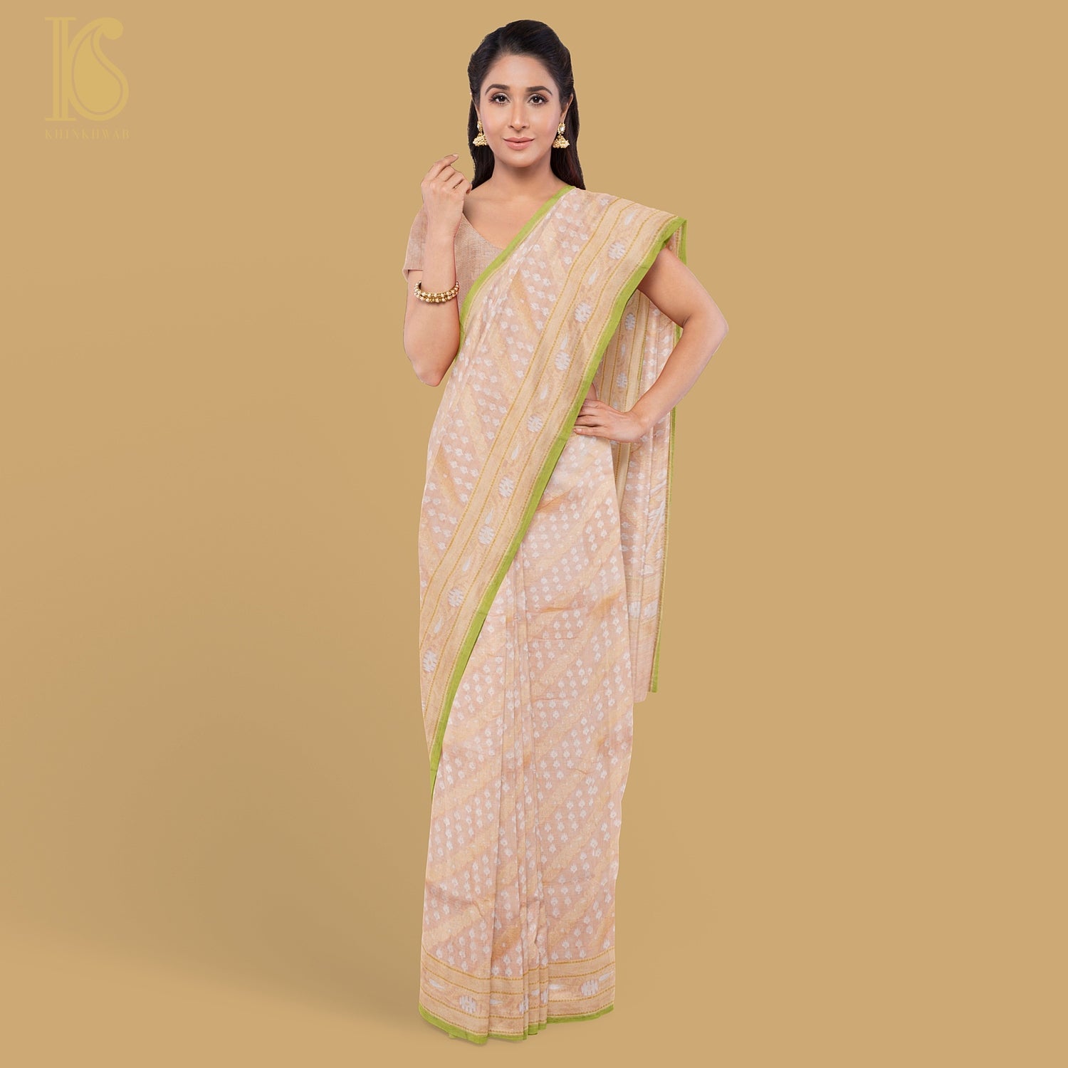 Beige Pure Cotton Handloom Banarasi Jamdani Ektara Saree - Khinkhwab
