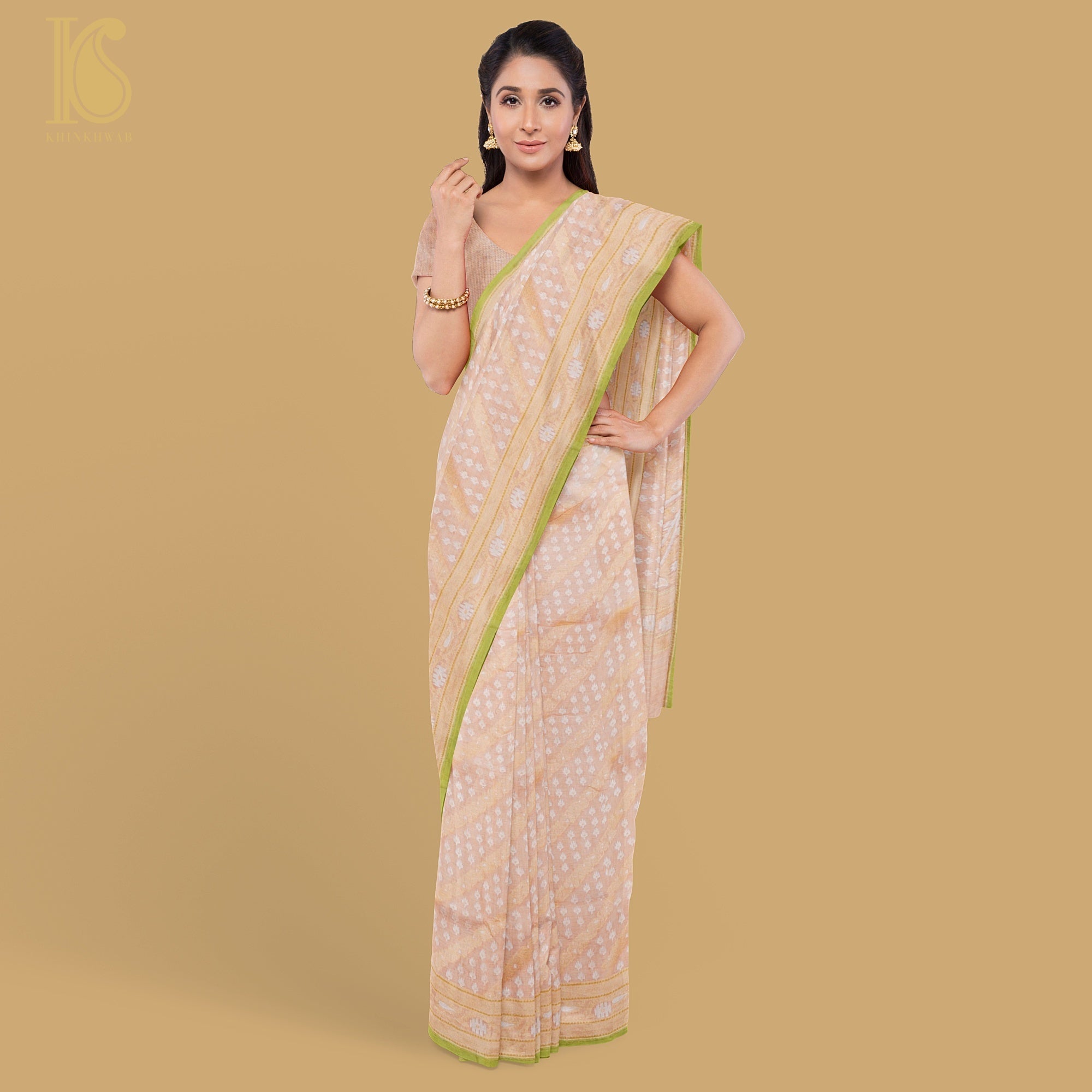 Beige Pure Cotton Handloom Banarasi Jamdani Ektara Saree - Khinkhwab