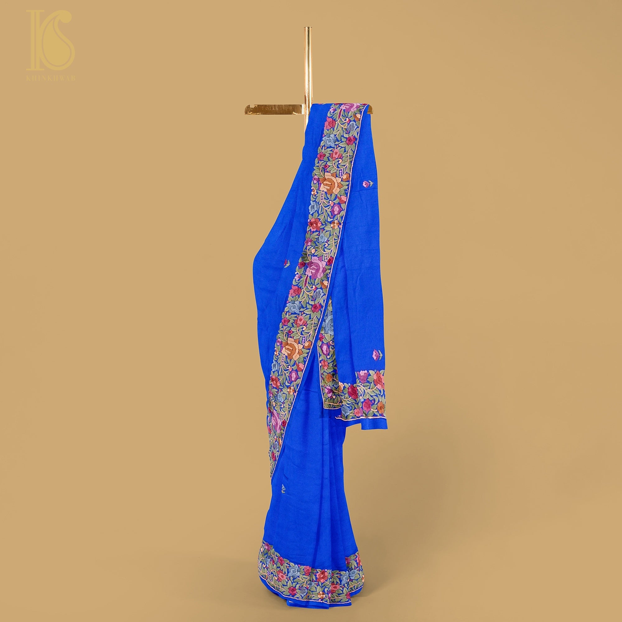 Blue Handcrafted Parsi Gara Pure Crepe Saree - Khinkhwab