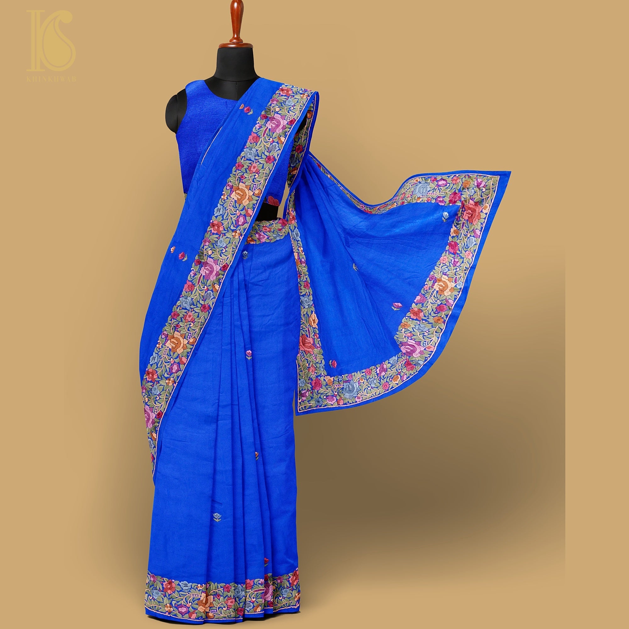 Blue Handcrafted Parsi Gara Pure Crepe Saree - Khinkhwab