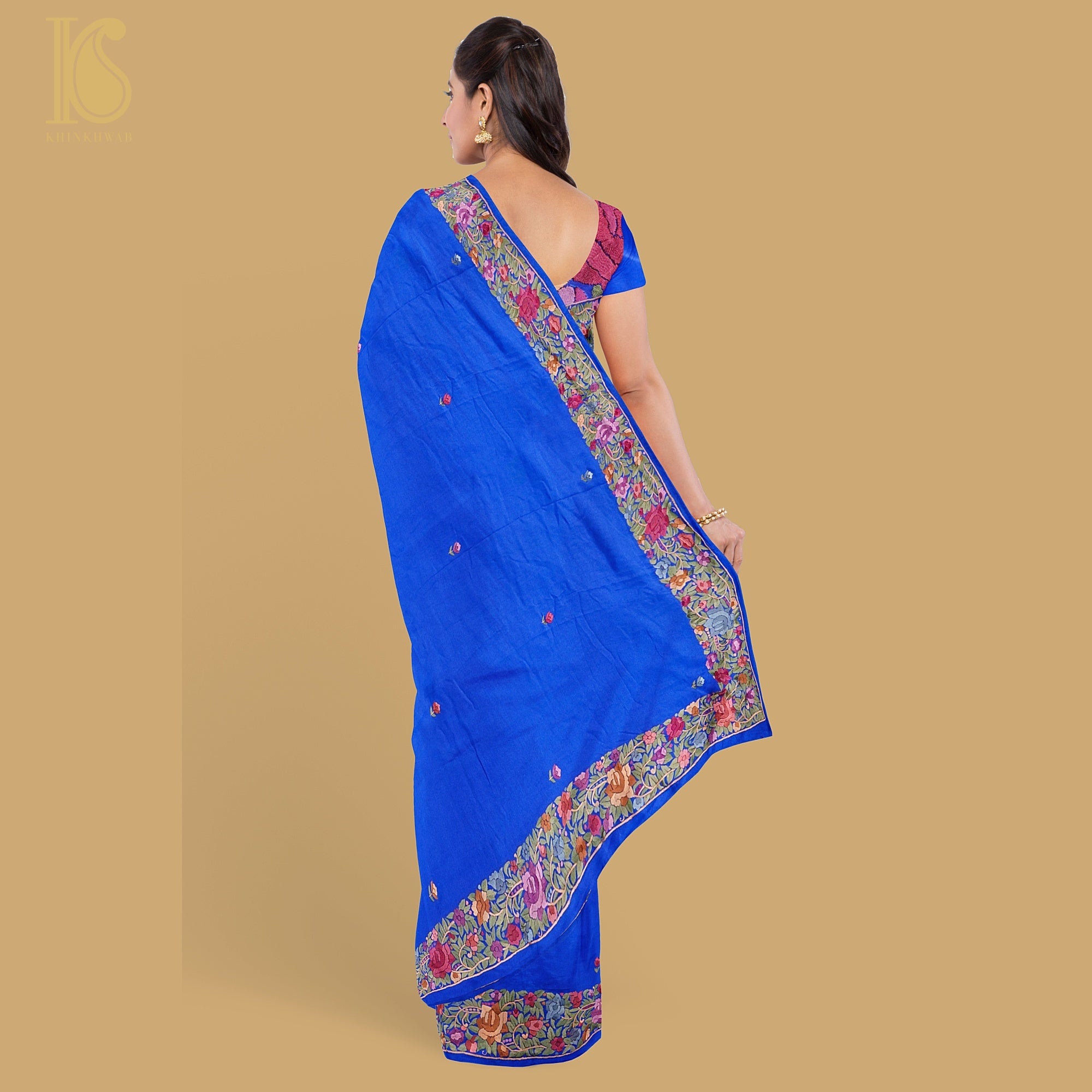 Blue Handcrafted Parsi Gara Pure Crepe Saree - Khinkhwab