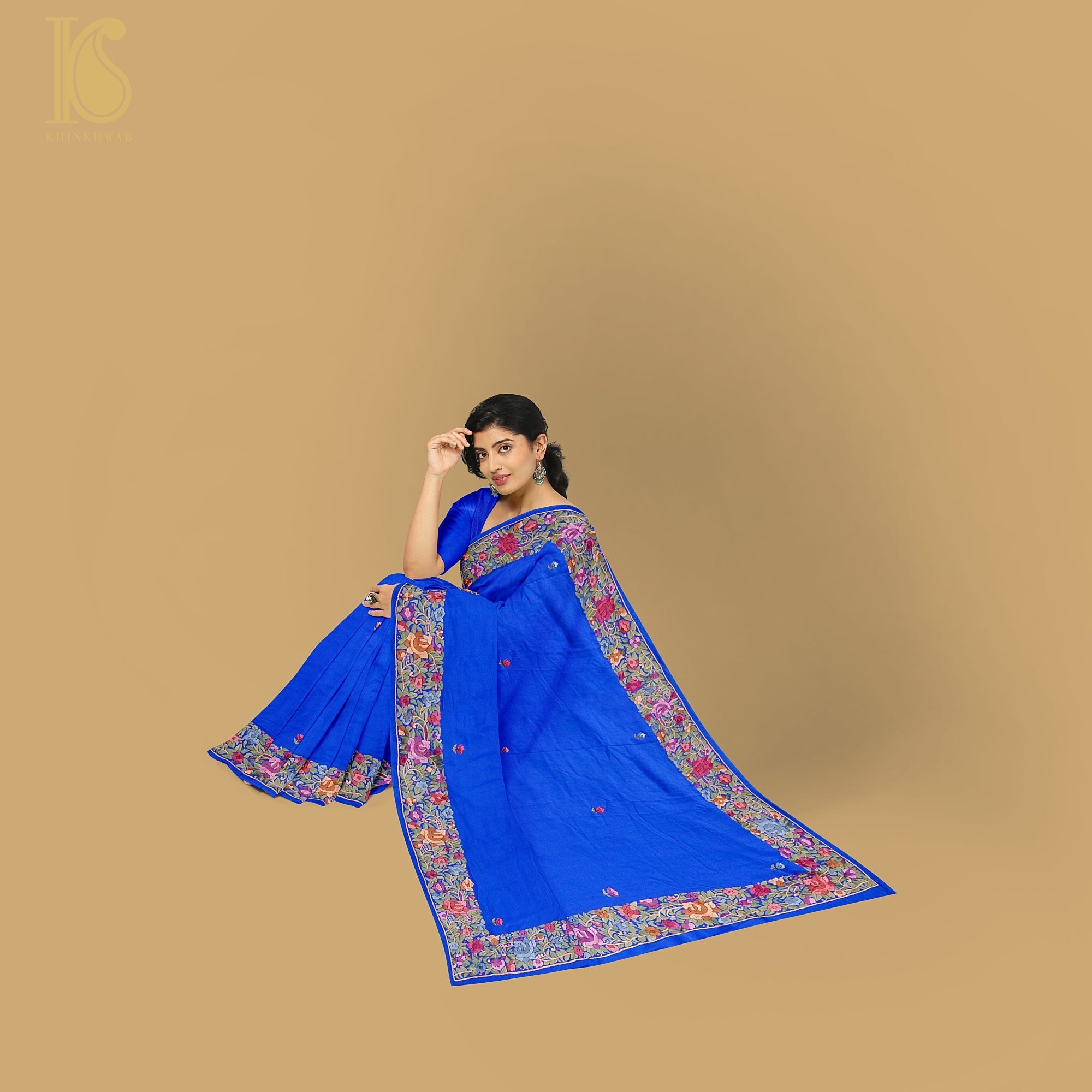 Blue Handcrafted Parsi Gara Pure Crepe Saree - Khinkhwab