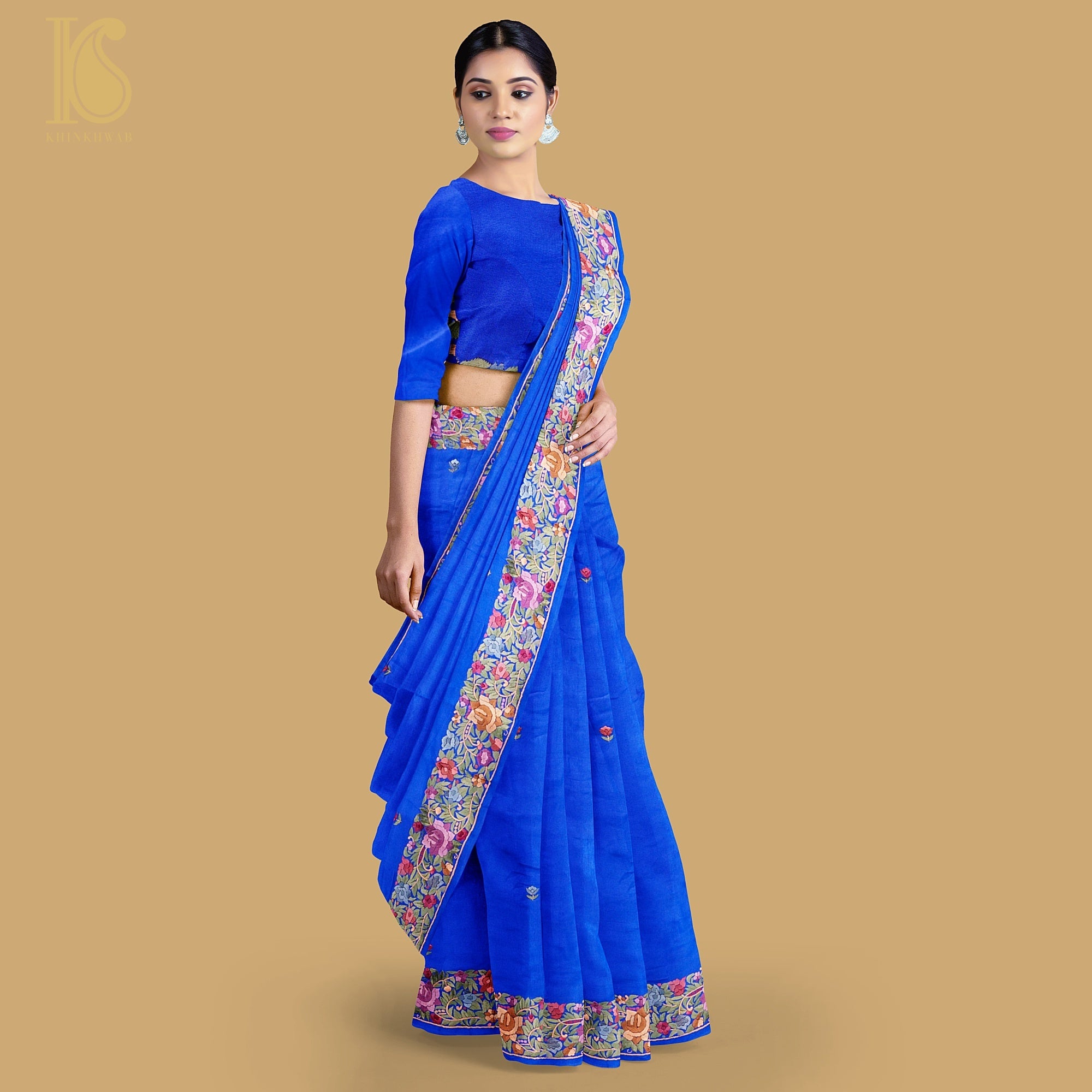Blue Handcrafted Parsi Gara Pure Crepe Saree - Khinkhwab