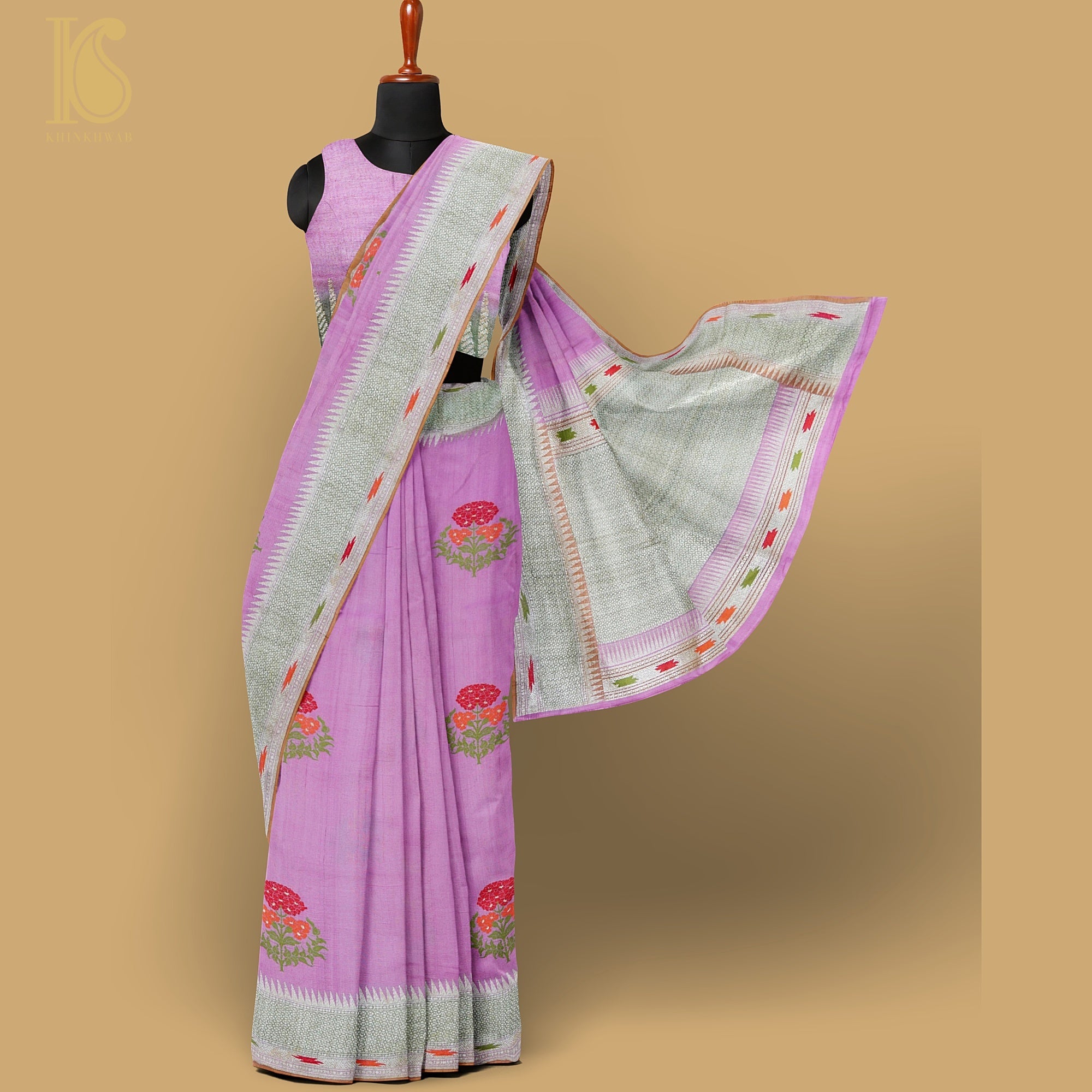 London Hue Pure Tussar Georgette Silk Handwoven Banarasi Kadwa Meenakari Saree - Khinkhwab
