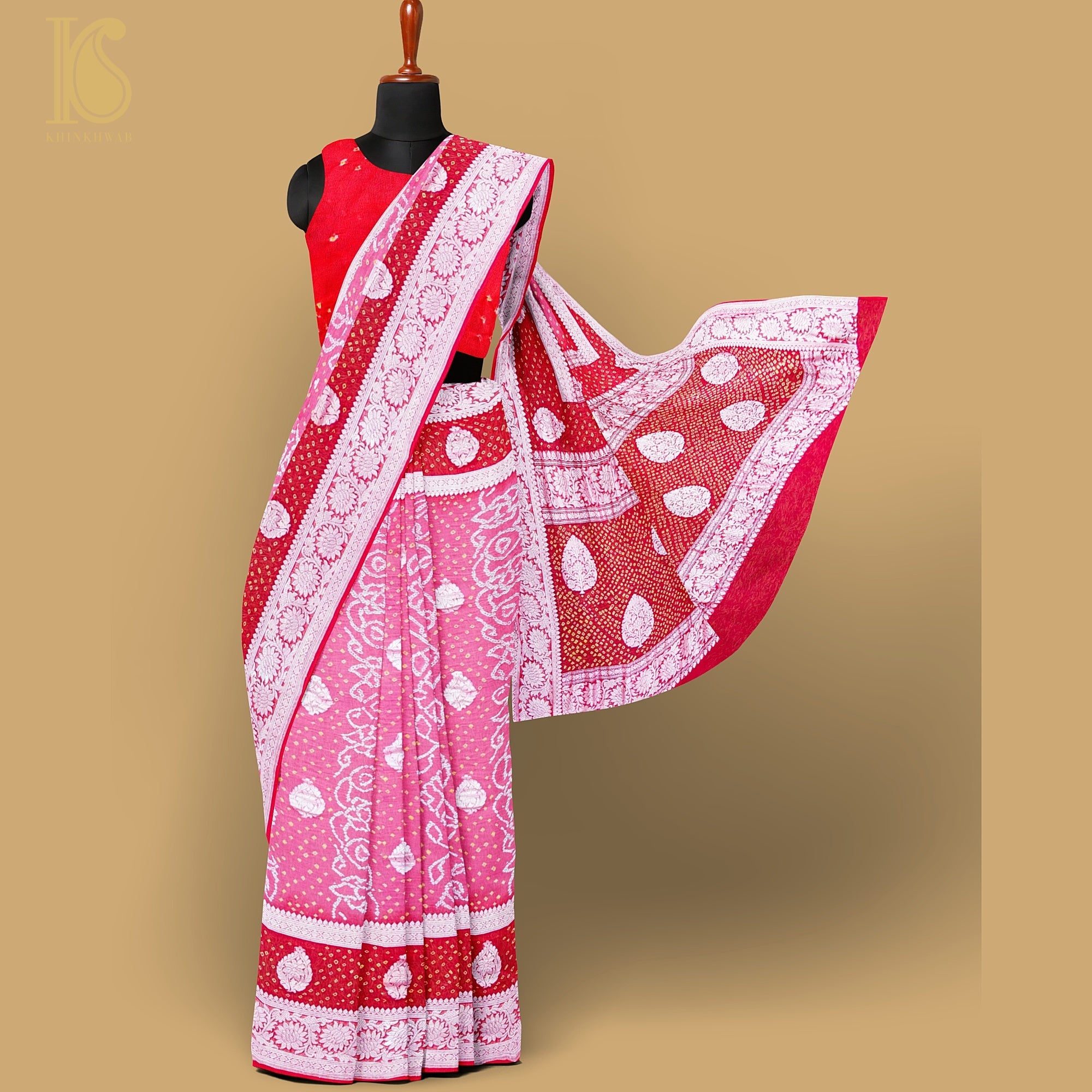 French Rose Pure Georgette Handloom Banarasi Bandhani Saree - Khinkhwab